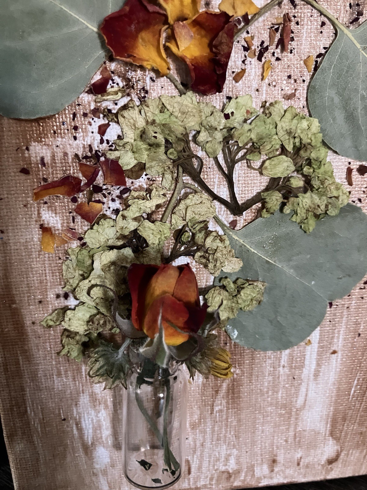 Mixed media Dried Floral canvas art w/ Greenery Glass Vial, dried roses 4×6 in