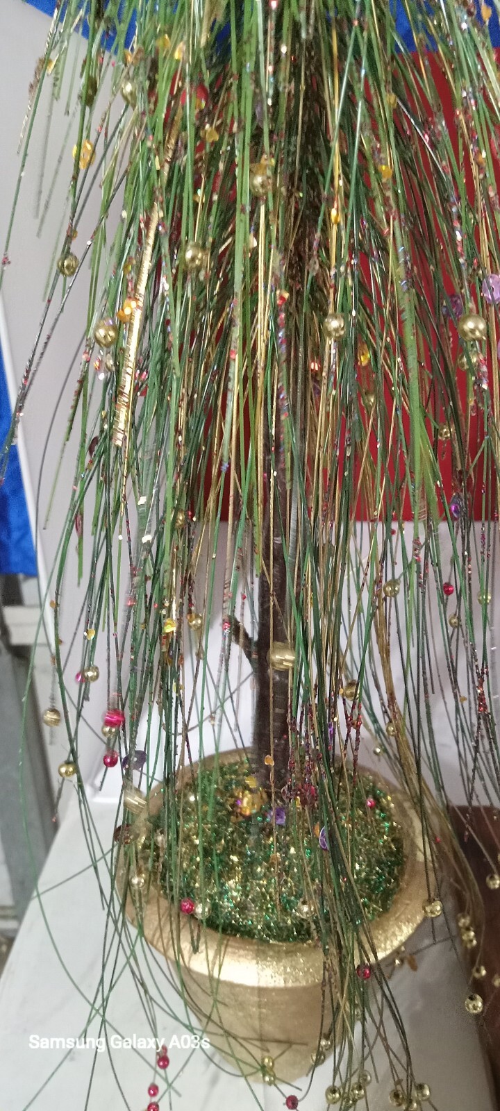 Faux Long Needle Pine In Gold Pot 19″ Tall Wth Sparkles