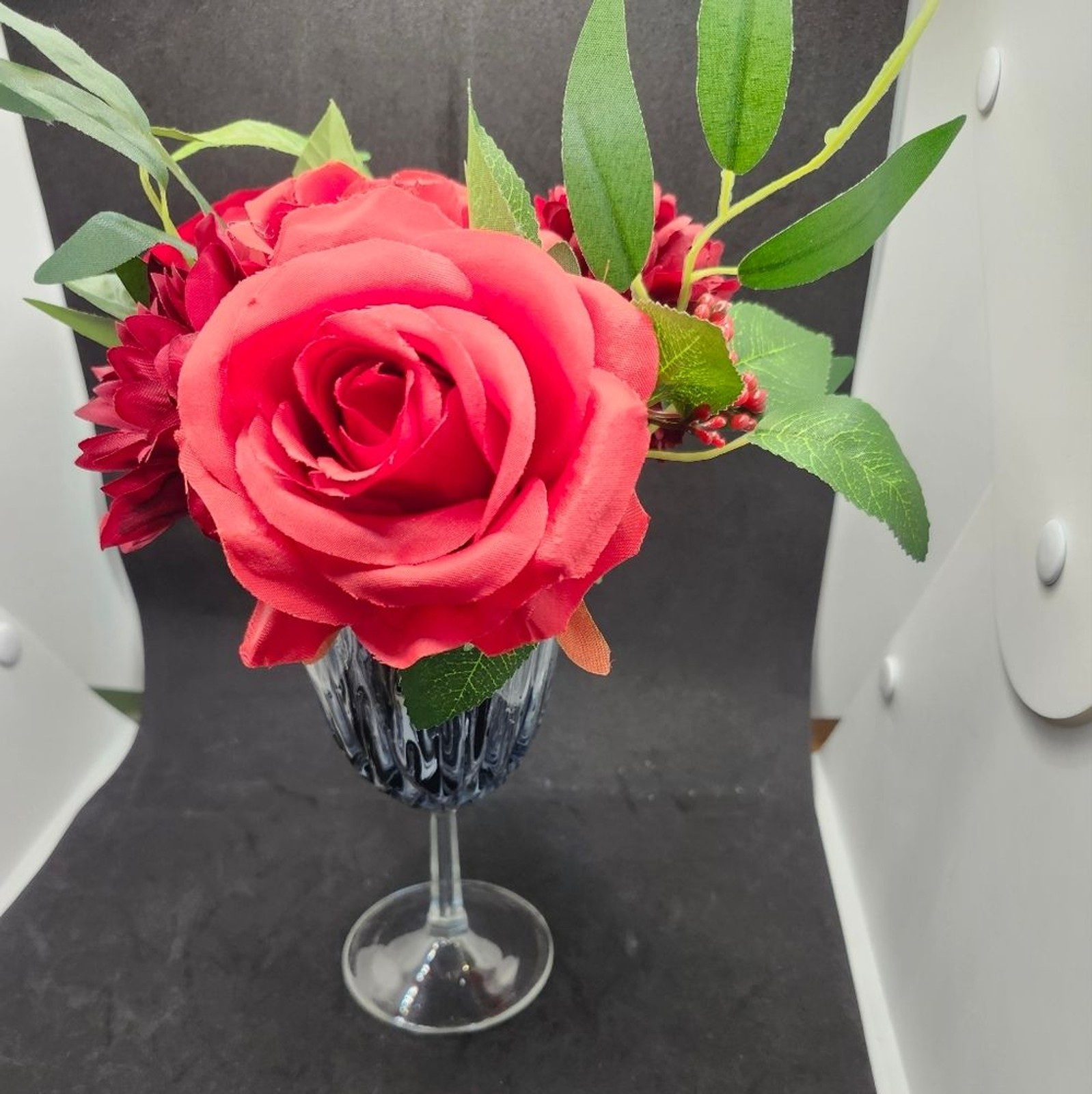 Hand Crafted Floral Table Centerpiece Summer Red Roses Flower Wine Glass