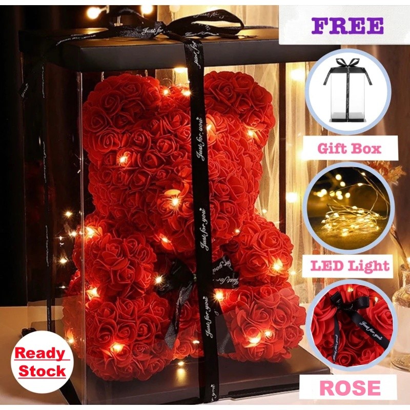 Teddy Bear Rose 25cm Flower Rose Bear with Box ＆ Led Light Valentines Gift