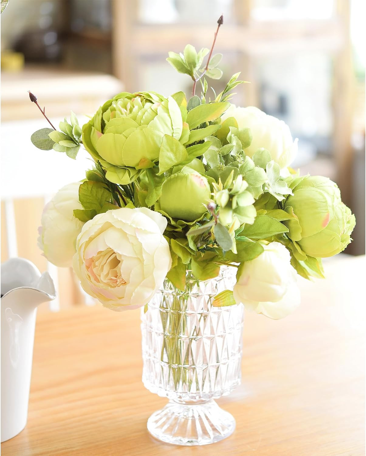 Cream Beige & Moss Green Artificial Peony Bouquets for Weddings & Home Decor