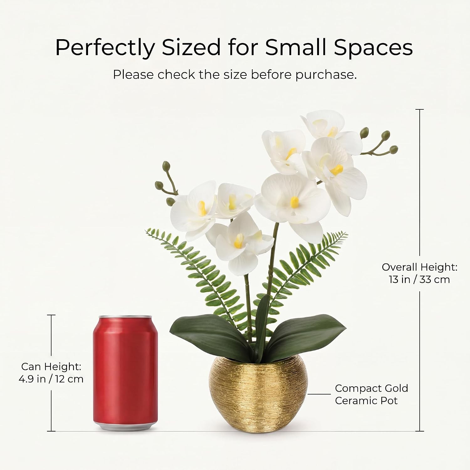 Artificial Orchid Flowers in Gold Ceramic Pot 13″ Small White Faux Phalaenopsis
