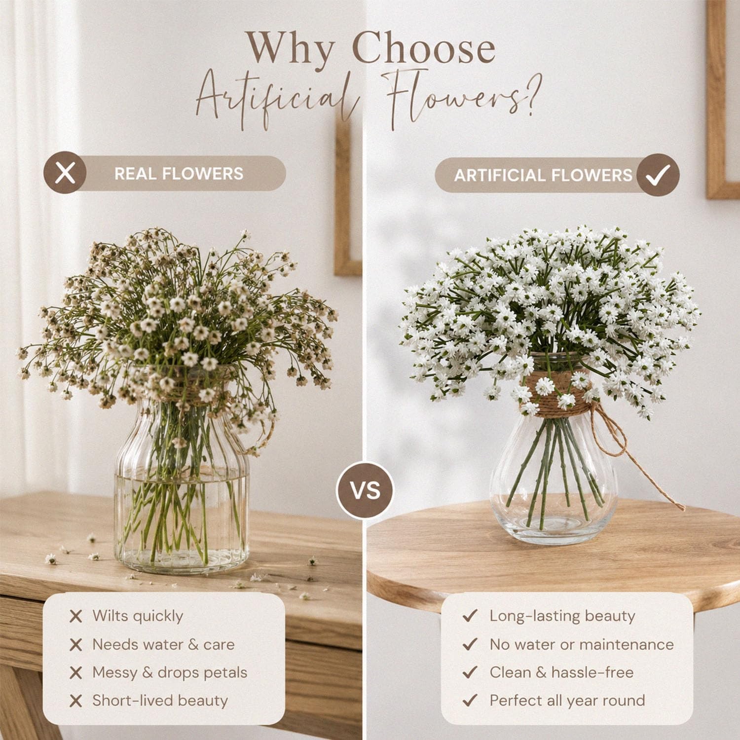 9 Pcs Babys Breath Artificial Flowers with Glass Vase, 8″ Real Touch Faux Gyp…