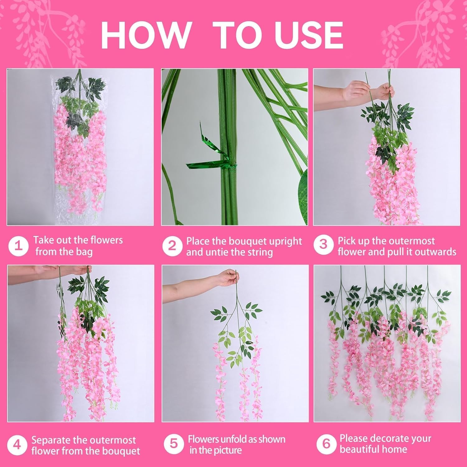 HLAONU 200 Pack Pink Wisteria Hanging Flowers Garland 3.6 Ft