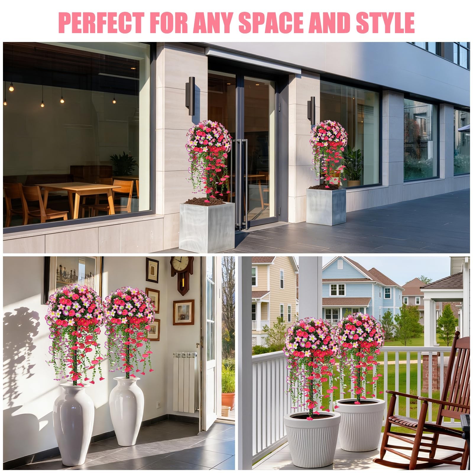 Yangrass Artificial Topiary Ball Trees with Pink Morning Glory Flowers, 3FT F…