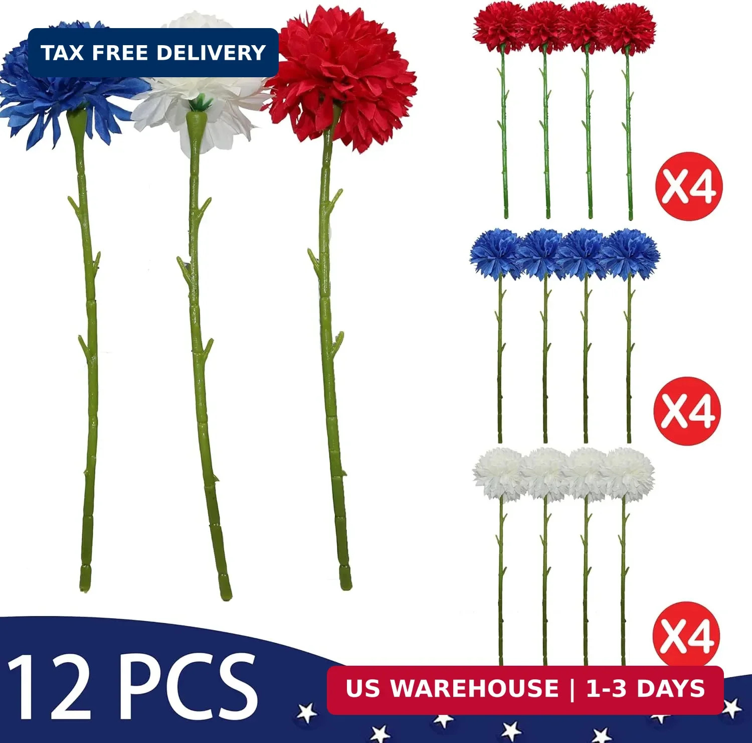 Tinsow 12 pcs Artificial Flower Patriotic Memorial Bouquet Red White and Blue Fa