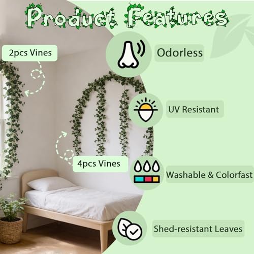 Ivy Vines Total 2FT Pack Artificial Plant Silk Fake for Wall Hanging 4 Green