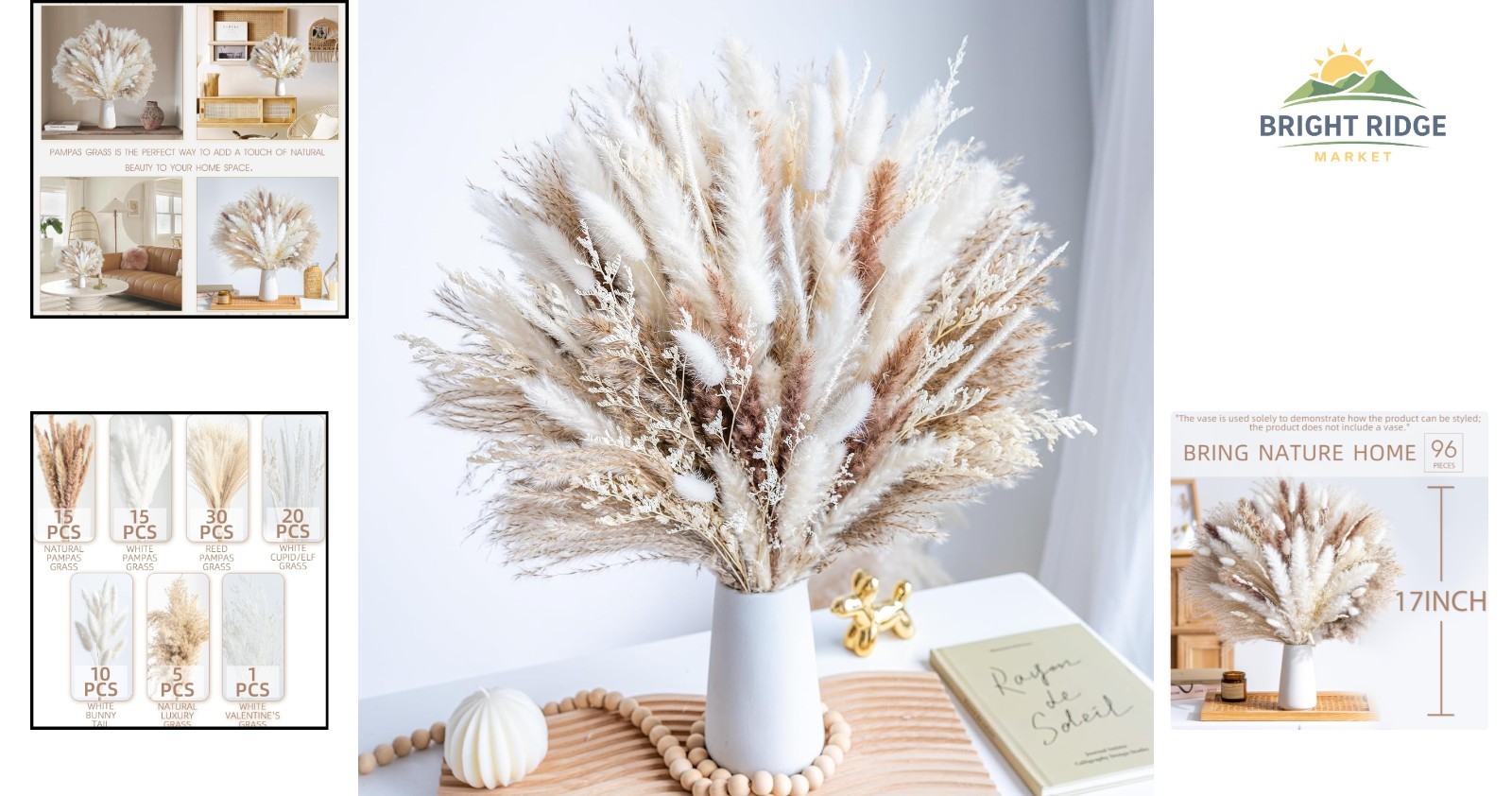 Natural Dried Pampas Grass 96PCS for Living Room and Wedding Floral Designs