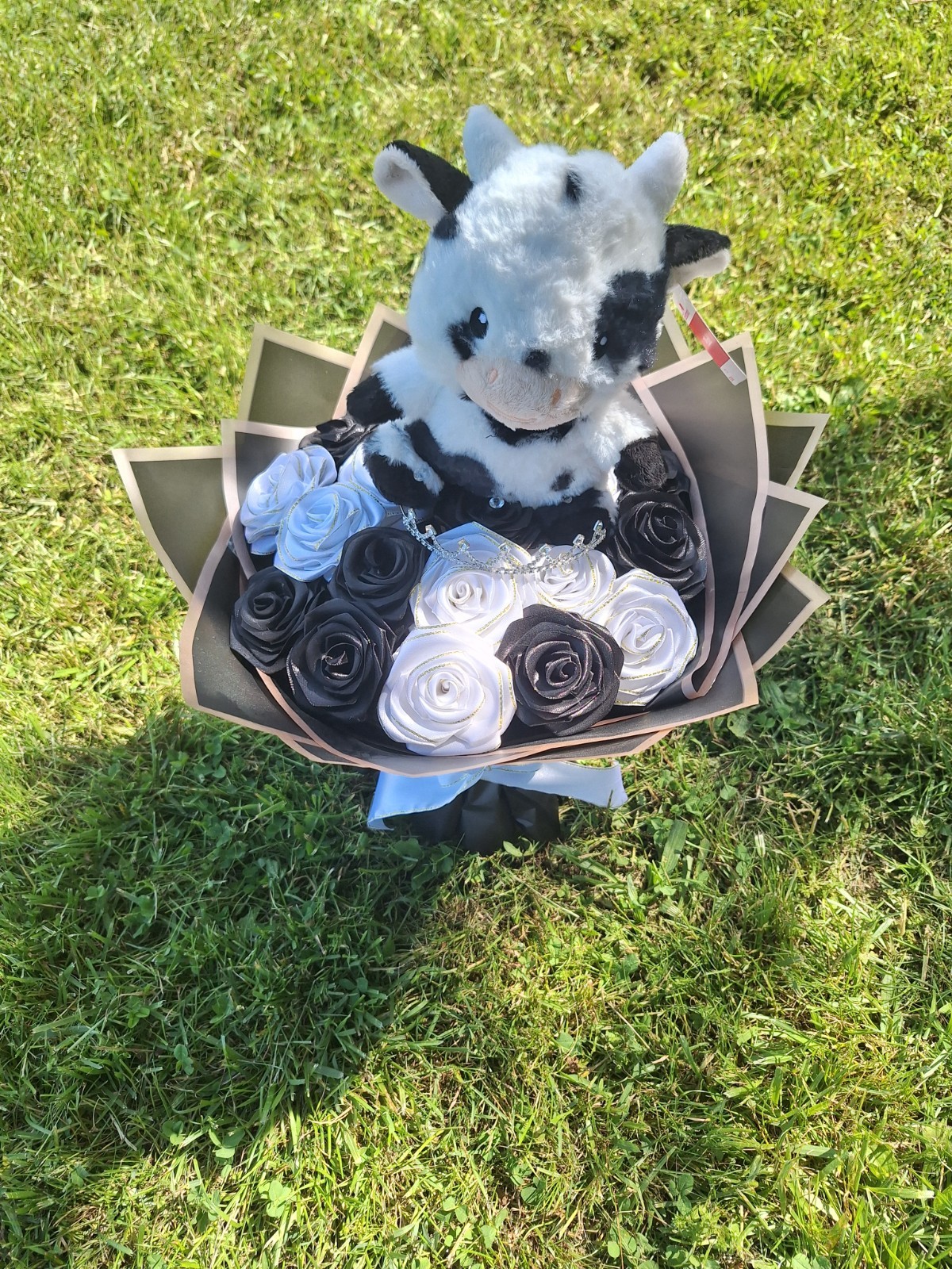 Artificial Black & White Flower Bouquet with Plush Cow Decorative Arrangement
