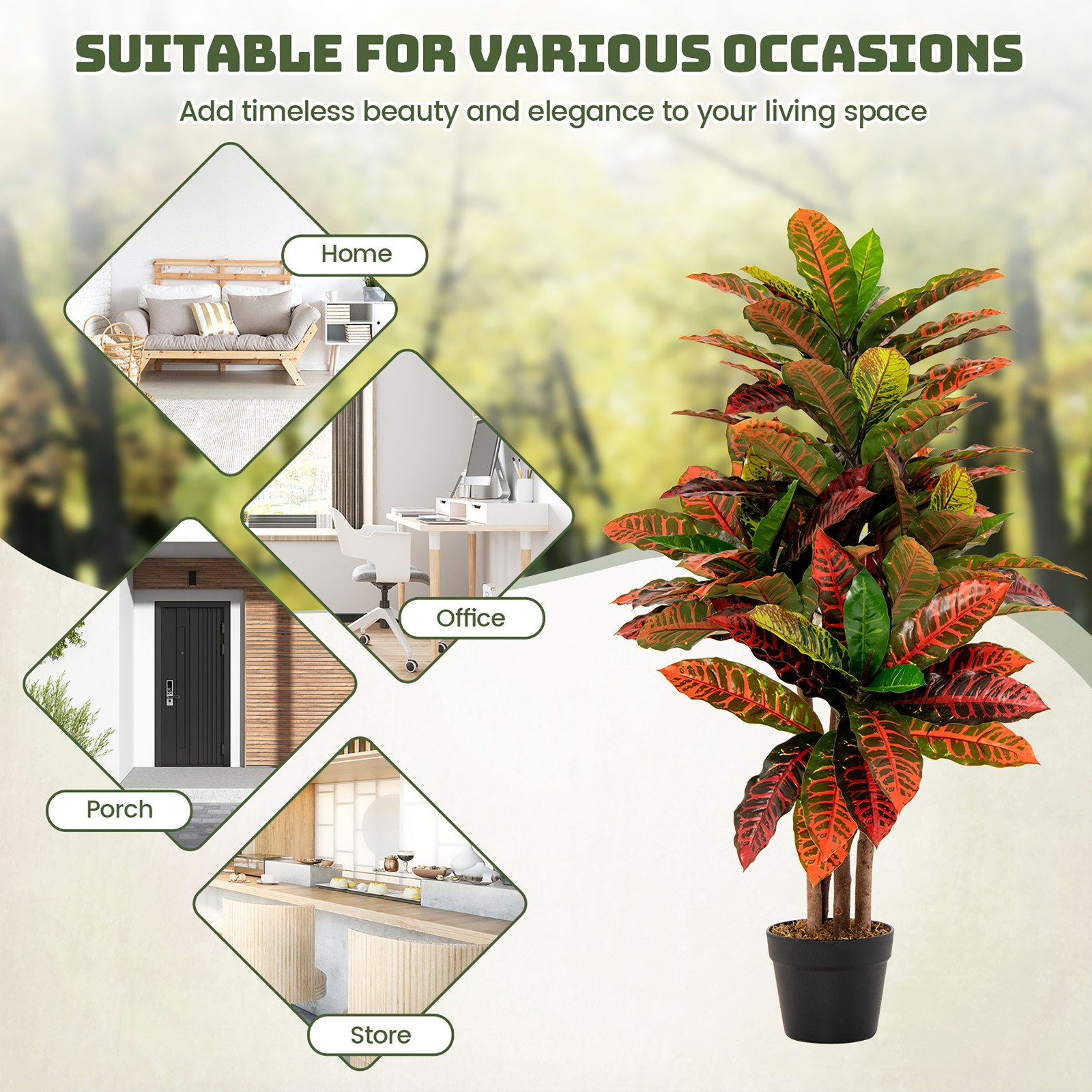 40” Tall Artificial Croton Plant w/ Colorful Variegated Leaves & Natural Wood