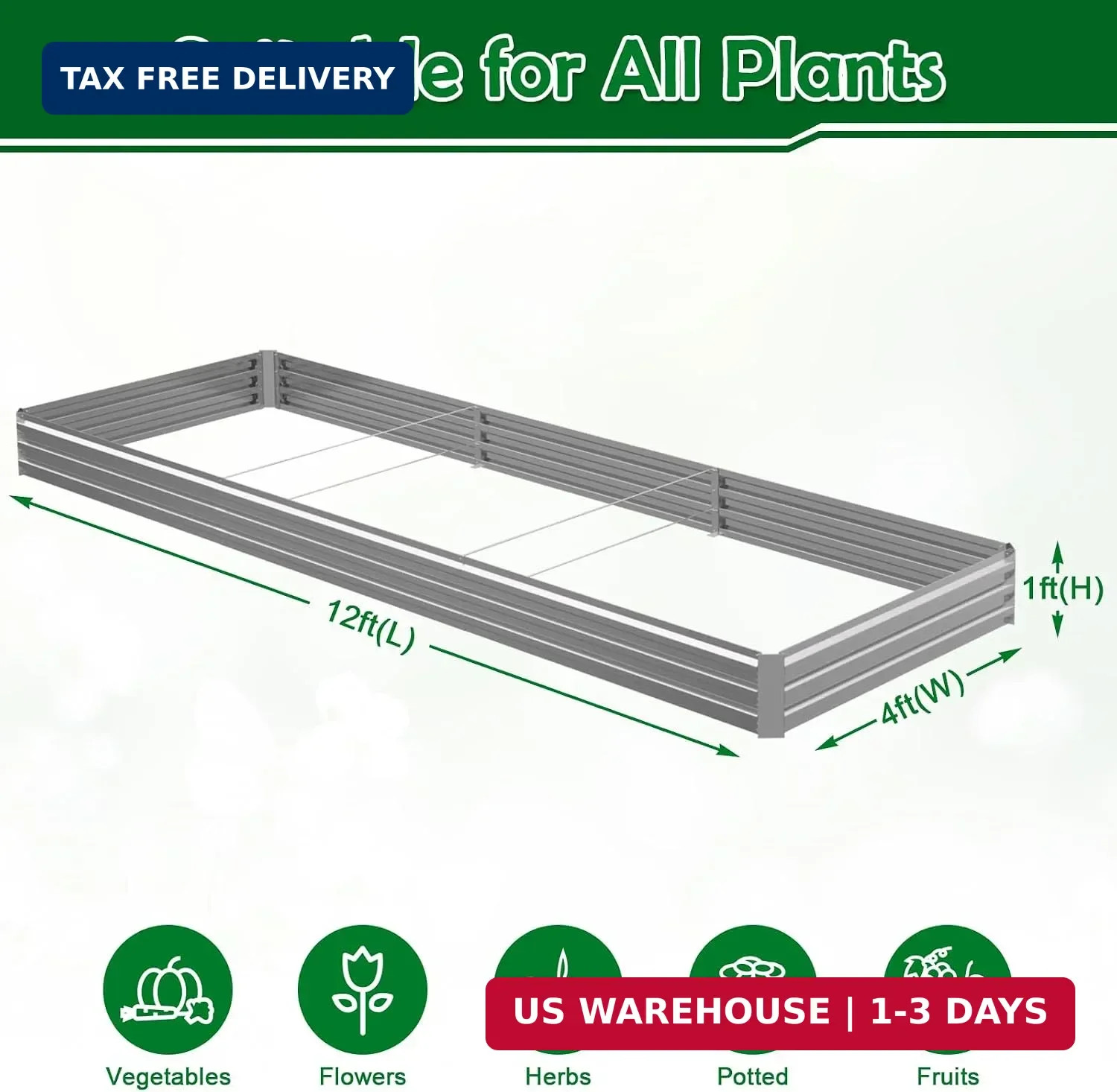 12x4x1FT Galvanized Raised Garden Bed, Metal Planter,Silver,1 Pack | Thick Galva