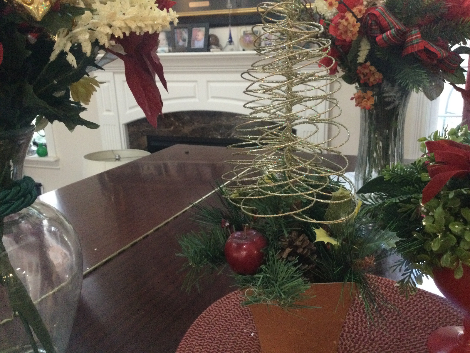 2 HOLIDAY ARTIFICIAL arrangements one in vintage red glass one small wire tree