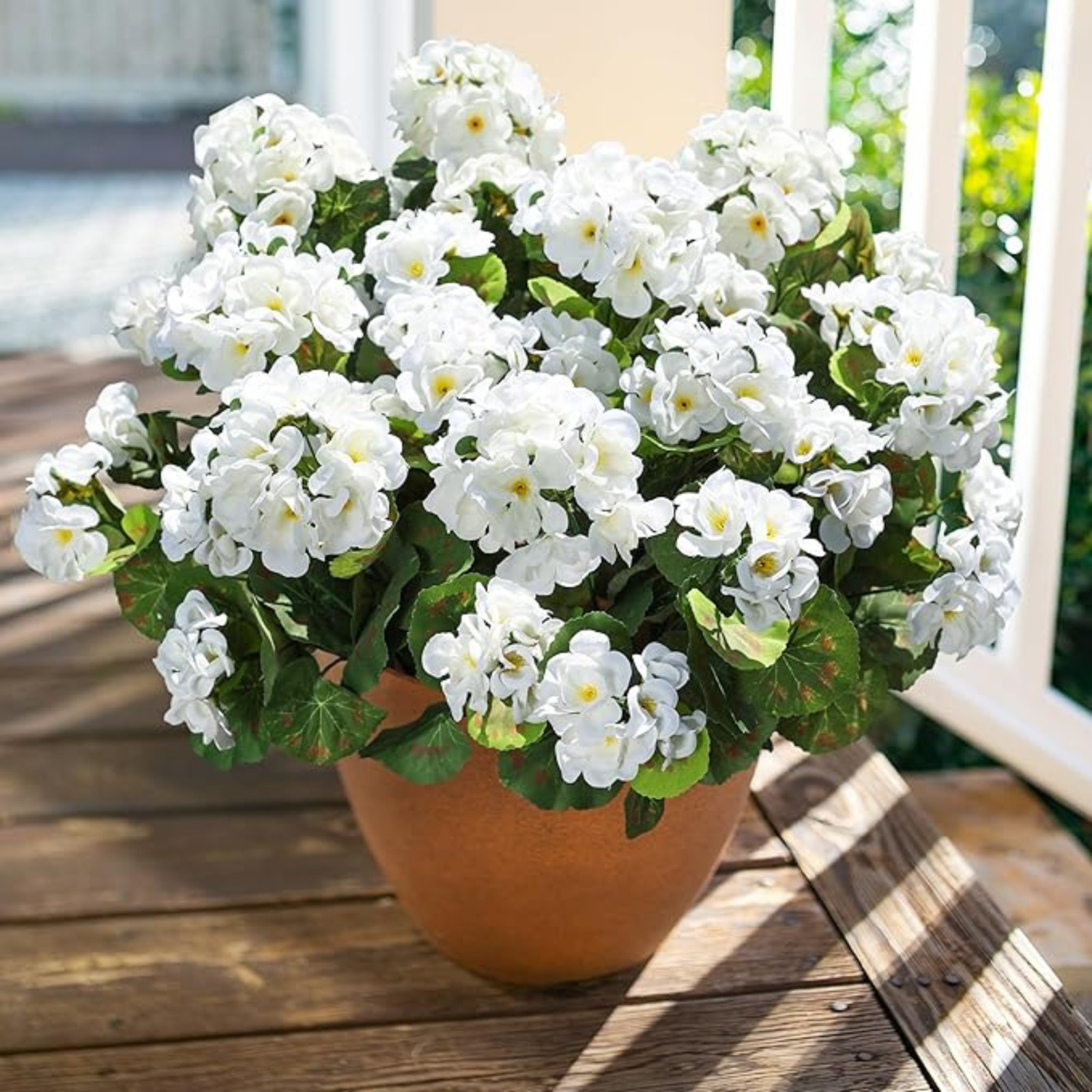6 Bundles Artificial Geranium Flowers UV Resistant Faux Plants White Decor