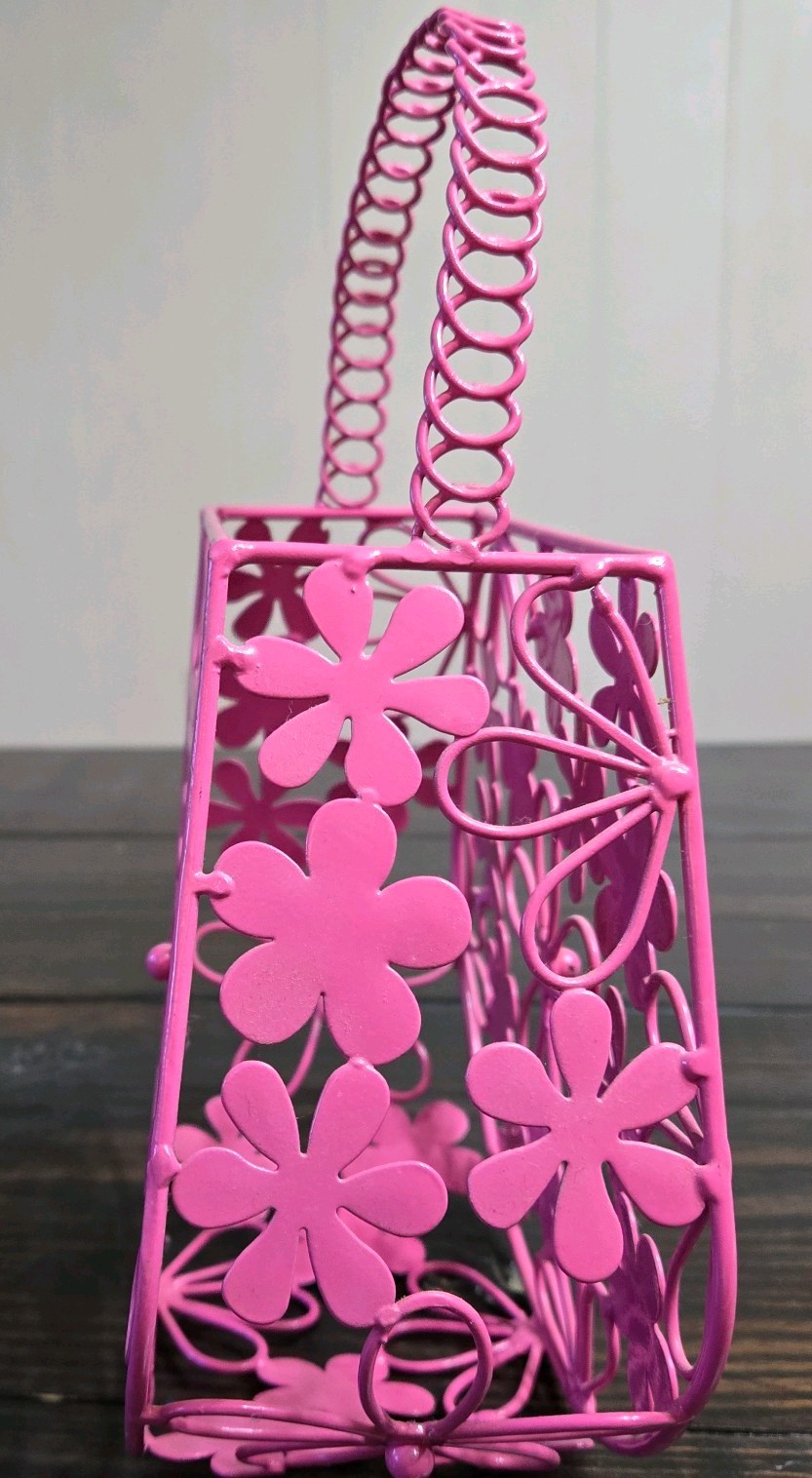 Pink Metal Floral Purse-Basket With Handle-Pink Flowers