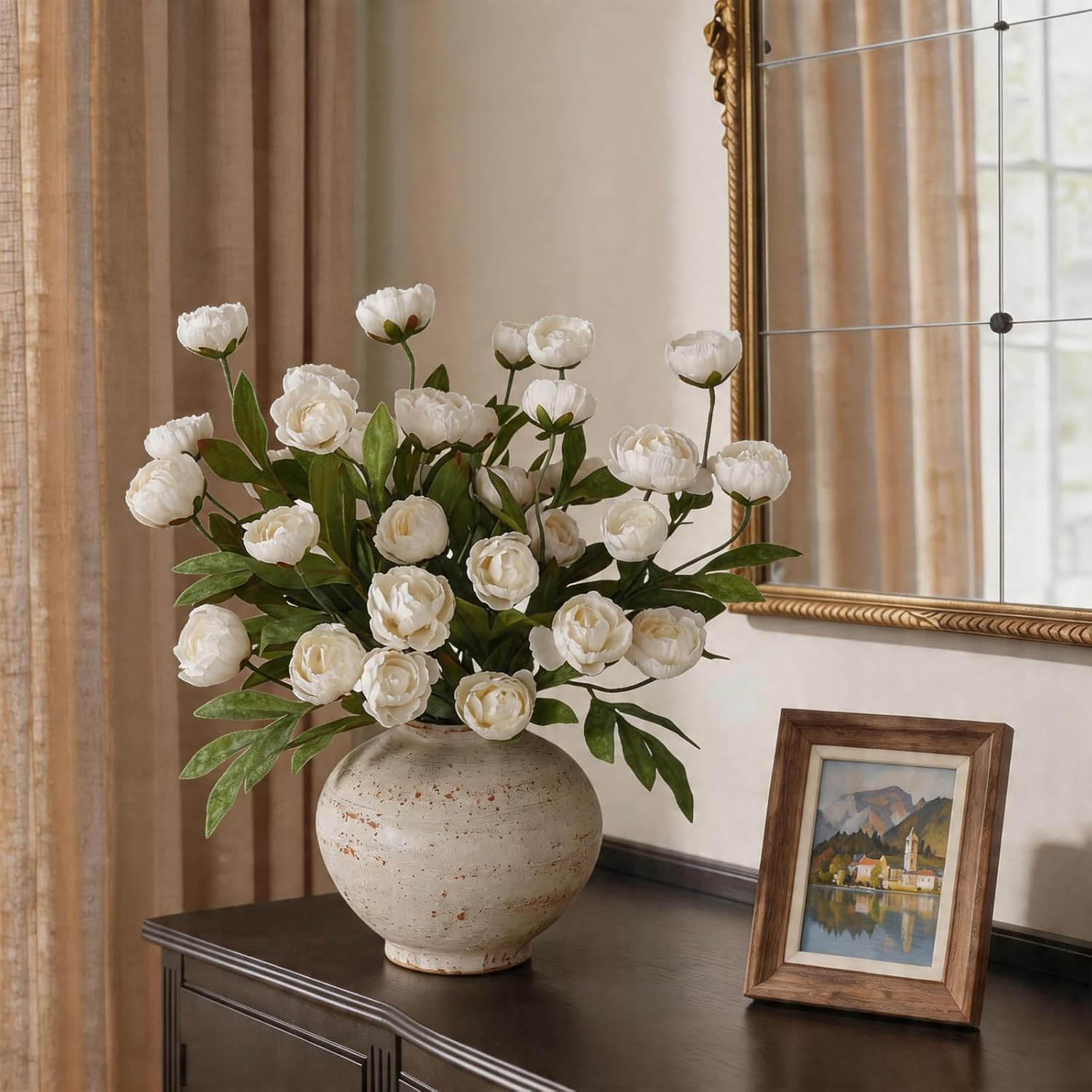 6 PCS 27″ Cream Artificial Peony Branches – Realistic Silk Flowers for Home Deco