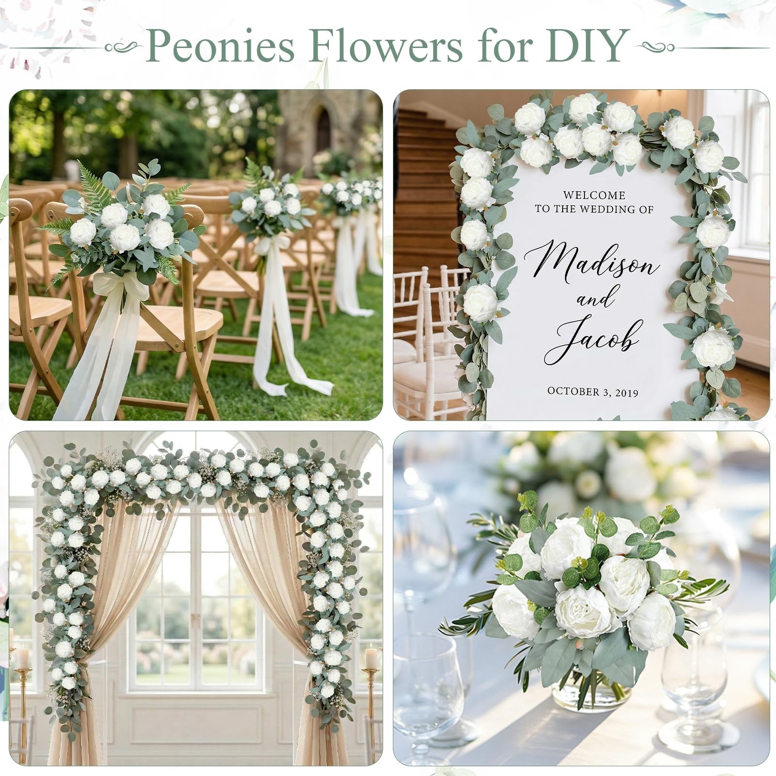 50 PCS Artificial Peonies Flowers Bulk 4 White Fake Heads Faux Silk Wedding