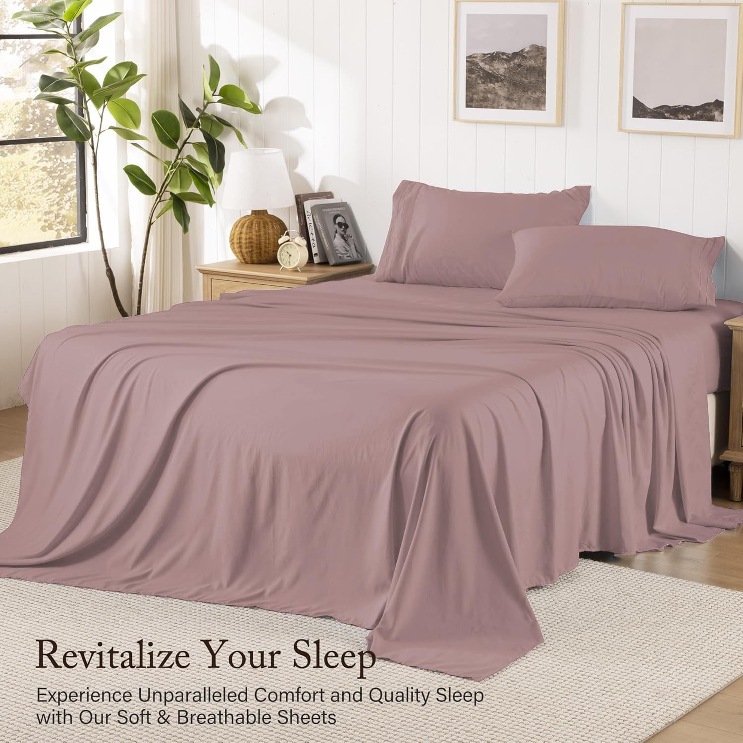 Queen Sheet Set, Pre-Washed Cotton-Like Brushed Microfiber, 4 Pcs Super Soft Bre