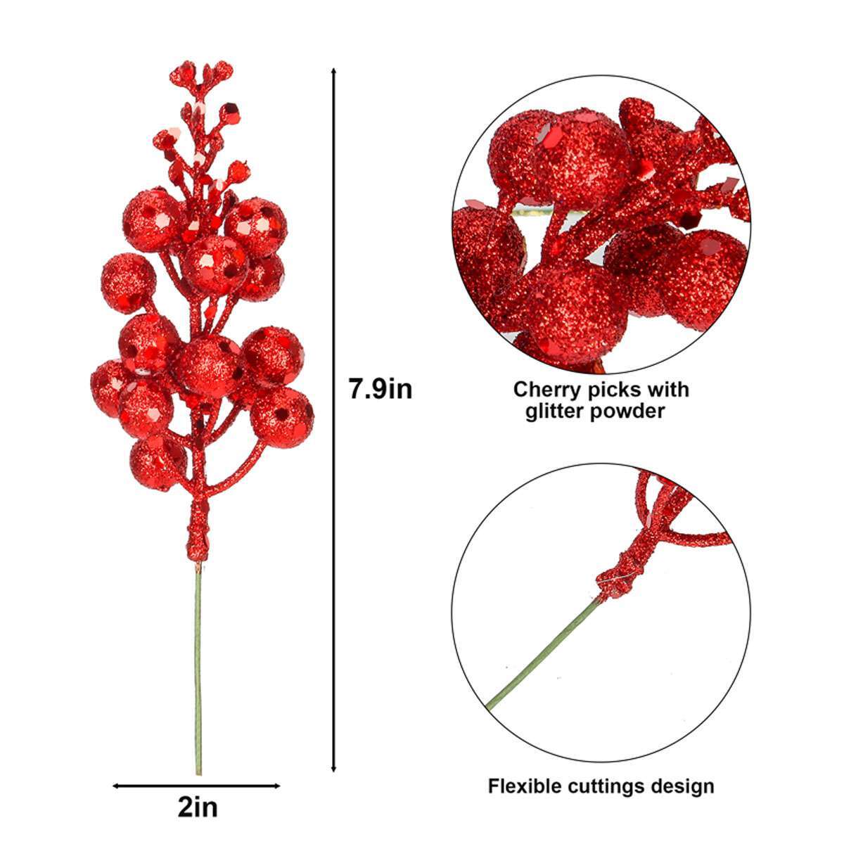 Artificial Glitter Pine/Berry Needles – Fake Branches Picks for Christmas Decor