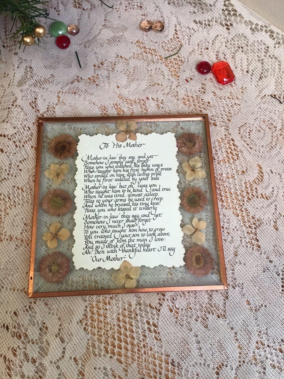Pressed Dried Flowers Beveled Glass Verse TO HIS MOTHER – Display- Copper Edge
