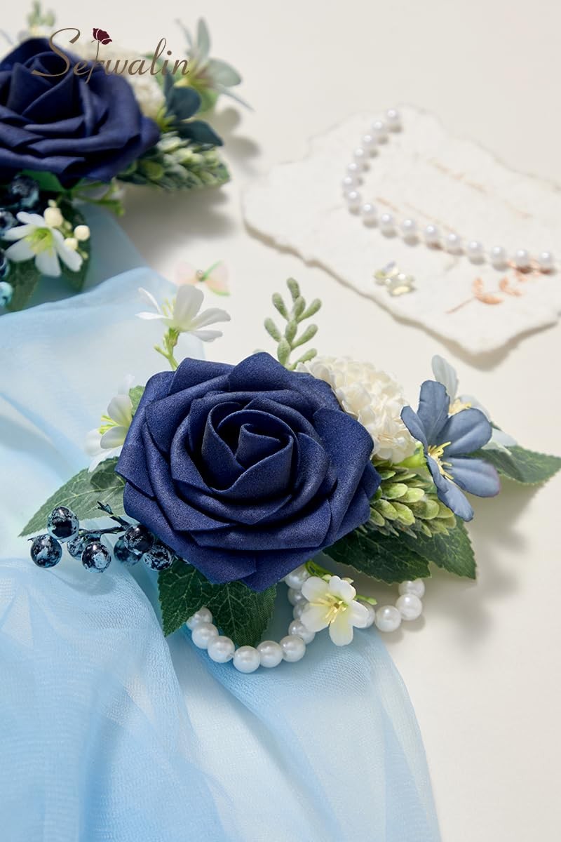 6-7 Inch Navy Blue Wrist Corsage Wedding Bridesmaid Artificial Flowers 2 PCS