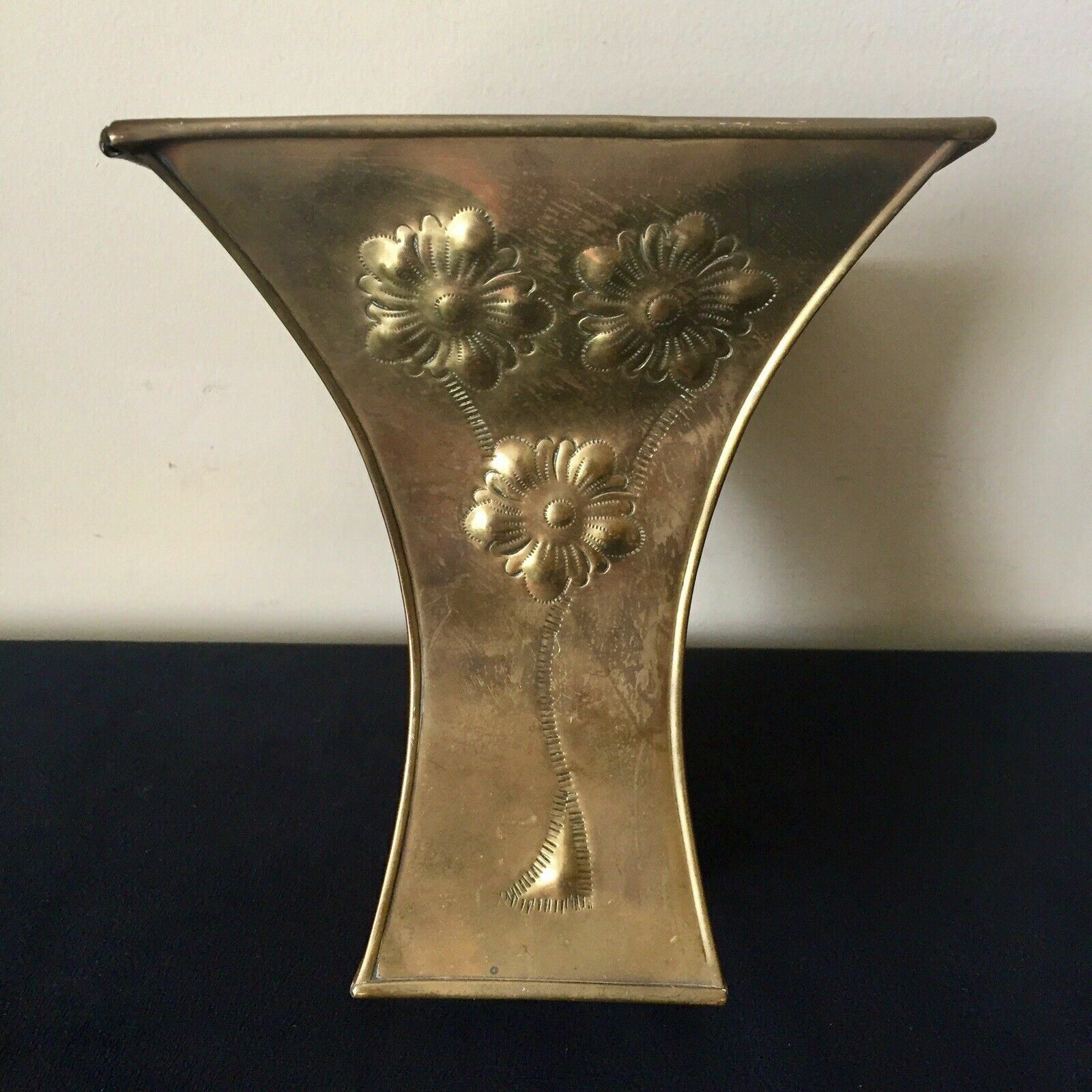 Vintage Planter Container Embossed Flowers on Brass 7″High 6″Square Opening