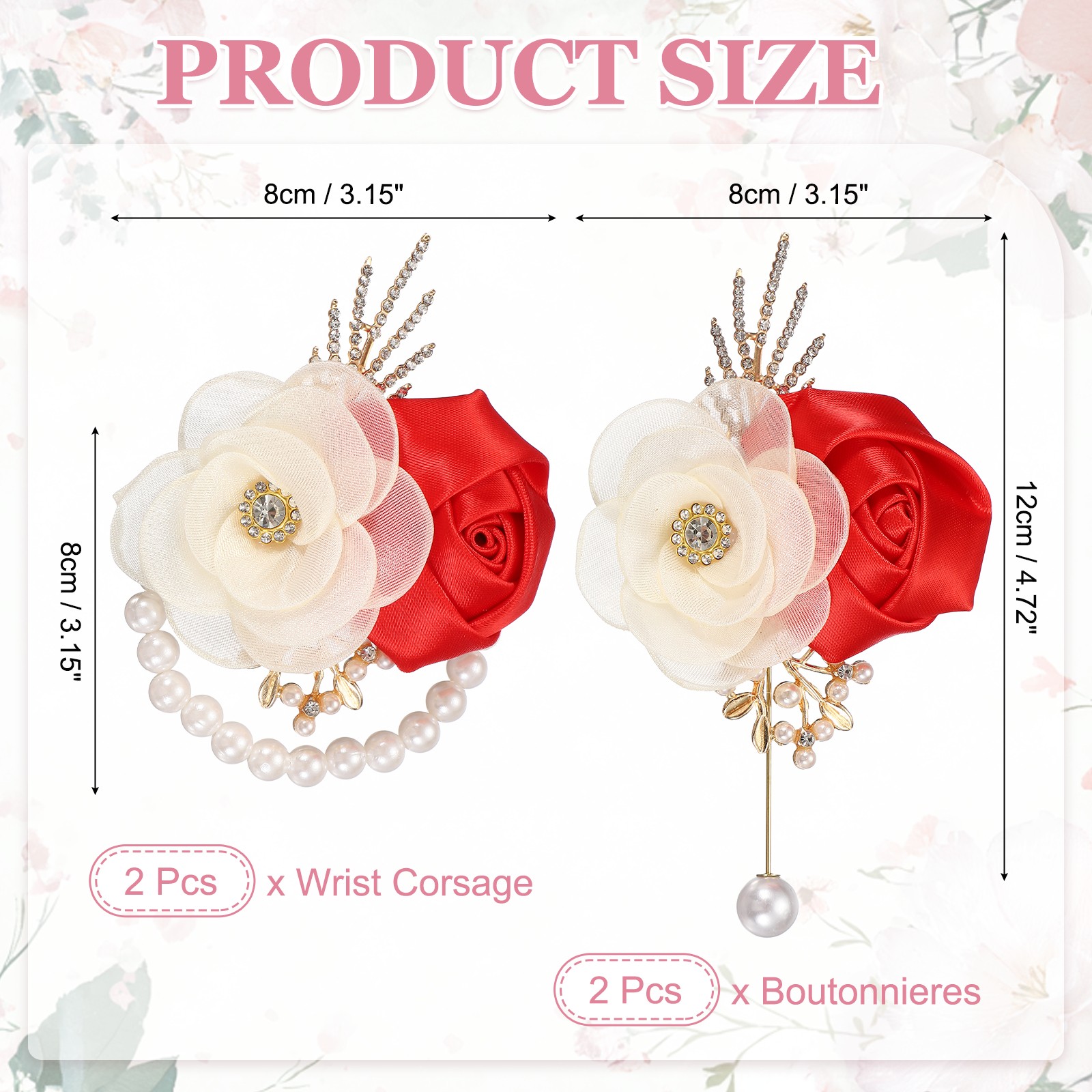 2 Sets Wrist Corsage and Boutonnieres Set for Wedding Groom Bride, Red