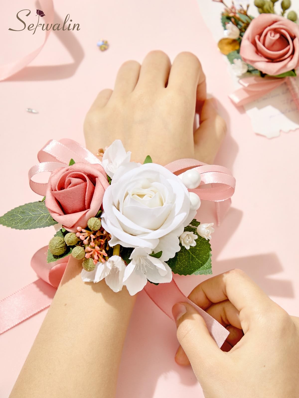 Pink Artificial Rose Corsage and Boutonniere Set Wristlet for Prom Wedding