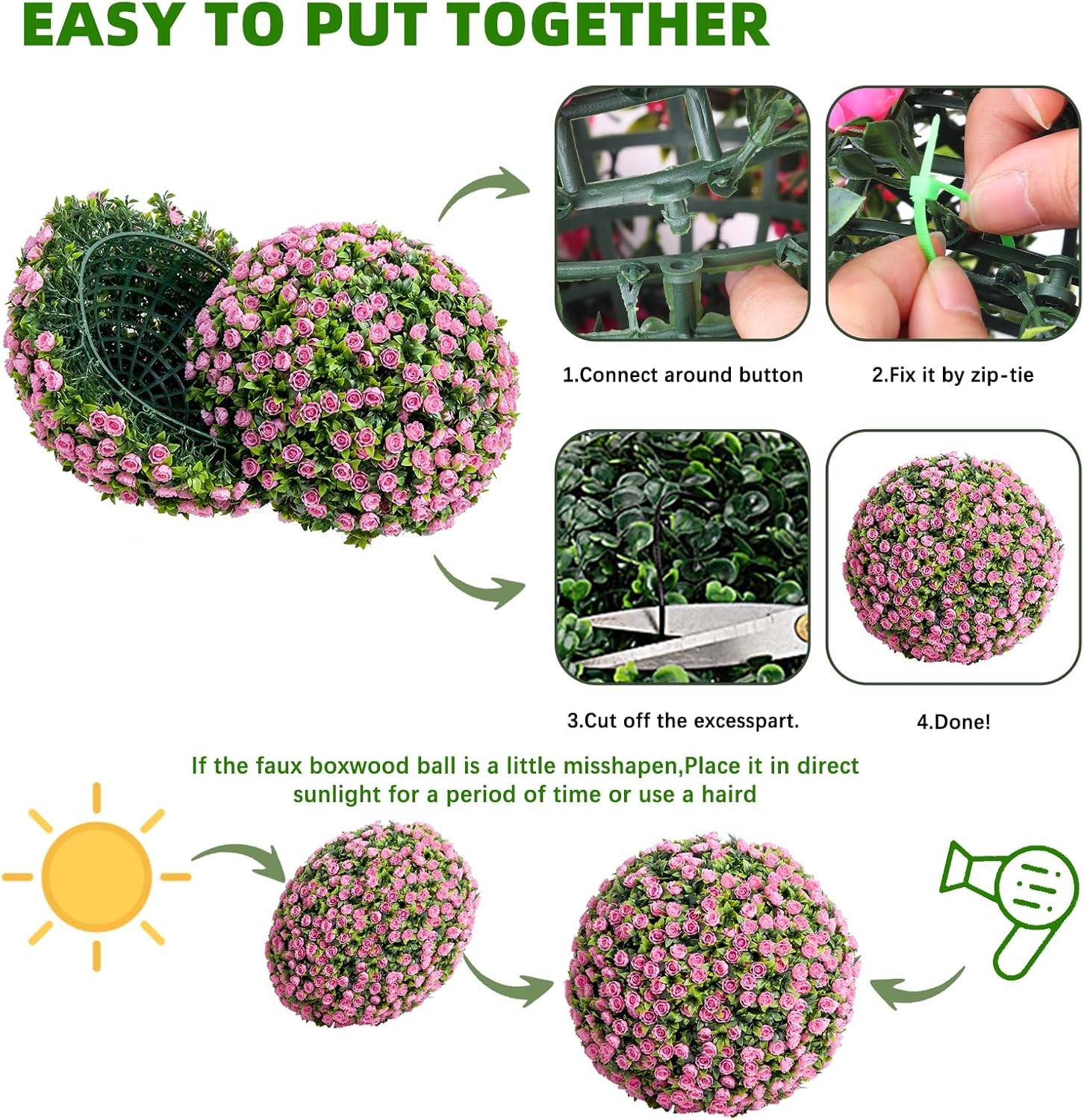 2Pcs Pink Artificial Flower Topiary Balls for Wedding Decor Hanging Floral Decor