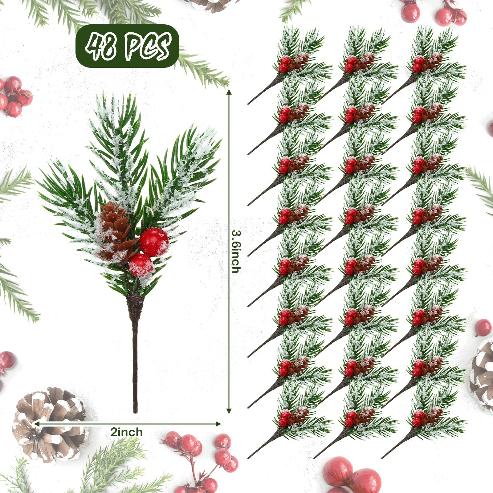 48 Pcs Christmas Picks and Sprays Christmas Tree Floral Picks Holly Red Stem …
