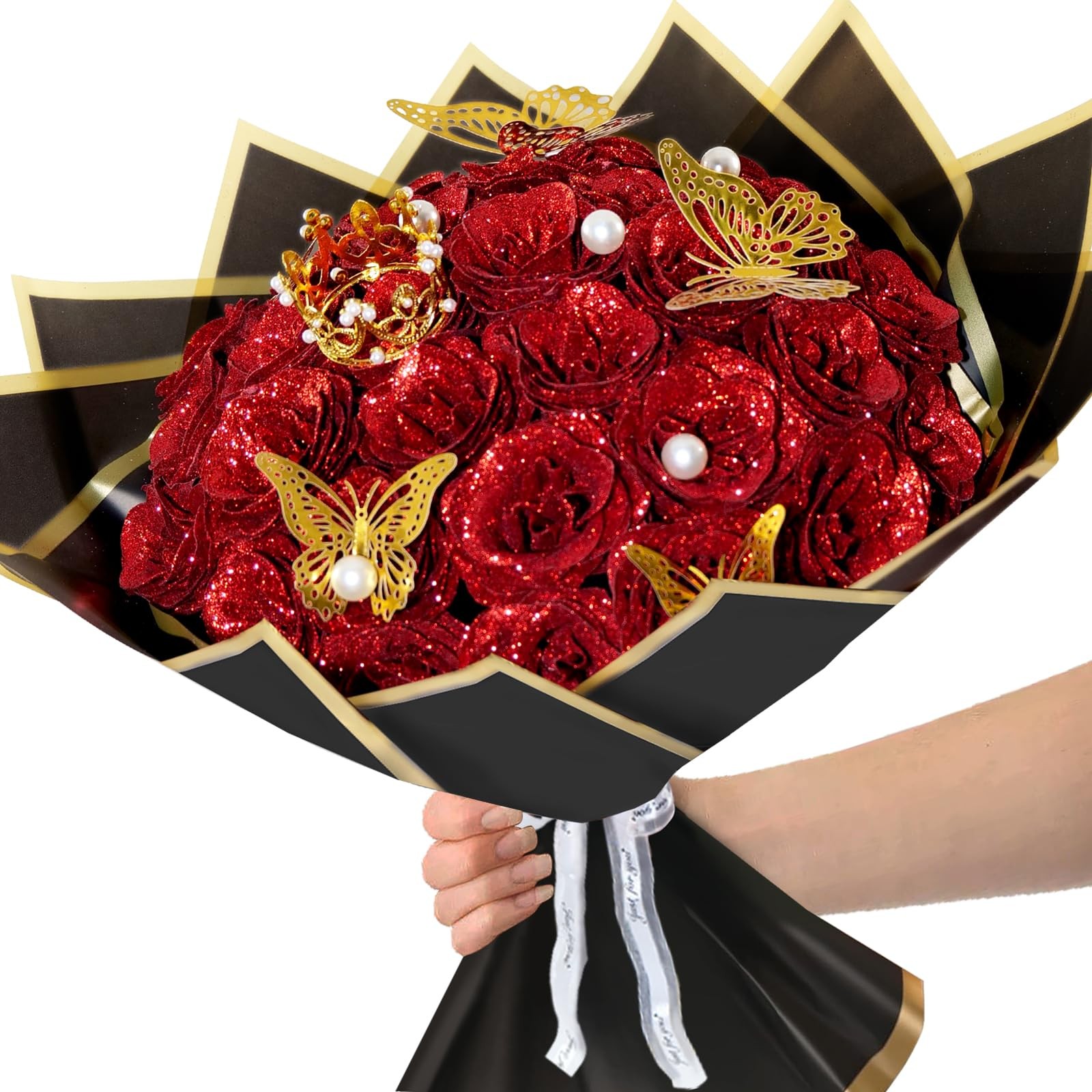 Red Glitter Roses Bouquet, 36 Pcs Shiny Glitter Flowers Bouquet, Everlasting …