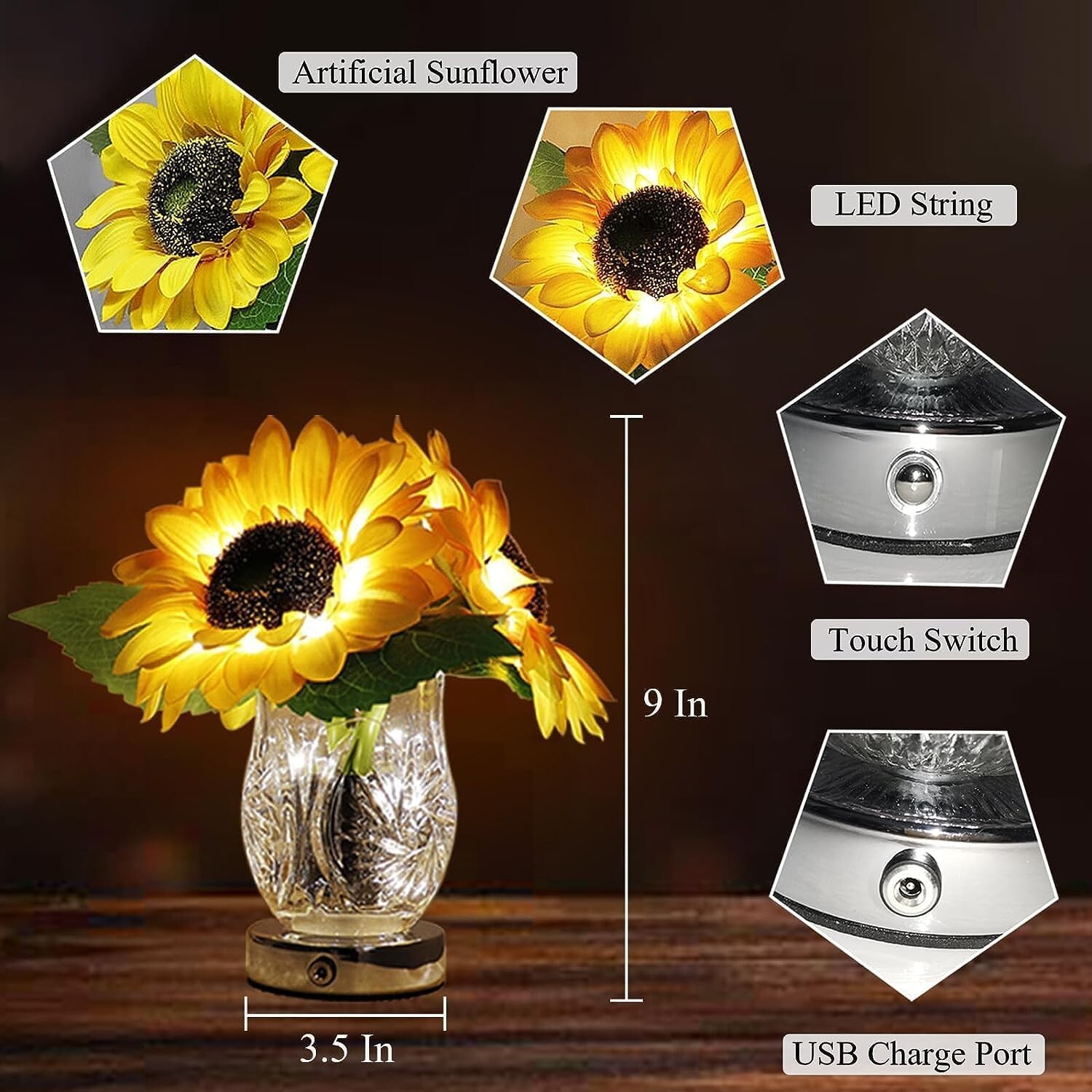Sunflower Lamp Artificial LED Sunflower Flowers with Glass Vase Table Lamp