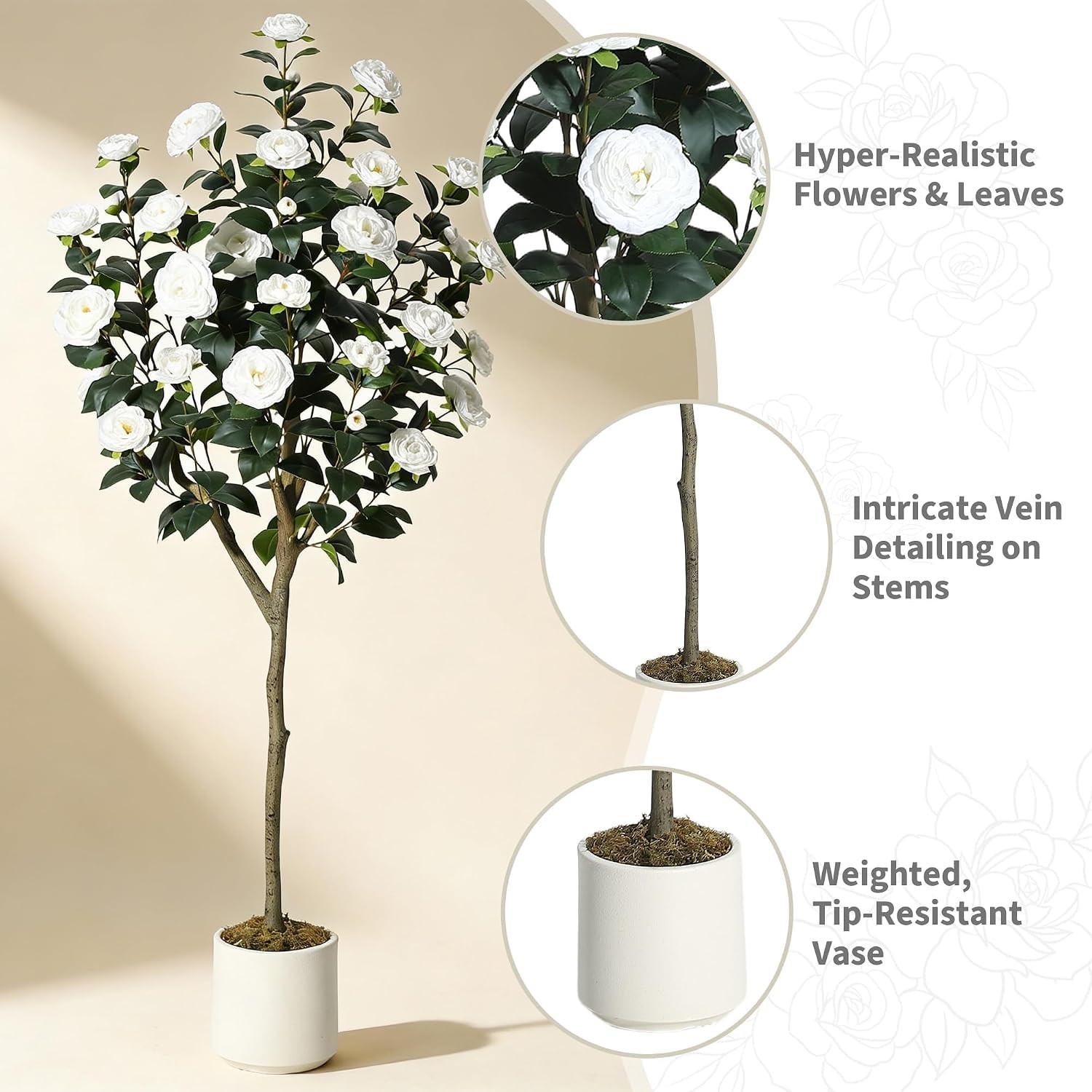 5FT Artificial Camellia Tree Faux White Camellia Plant in Pot for Home Outdoor