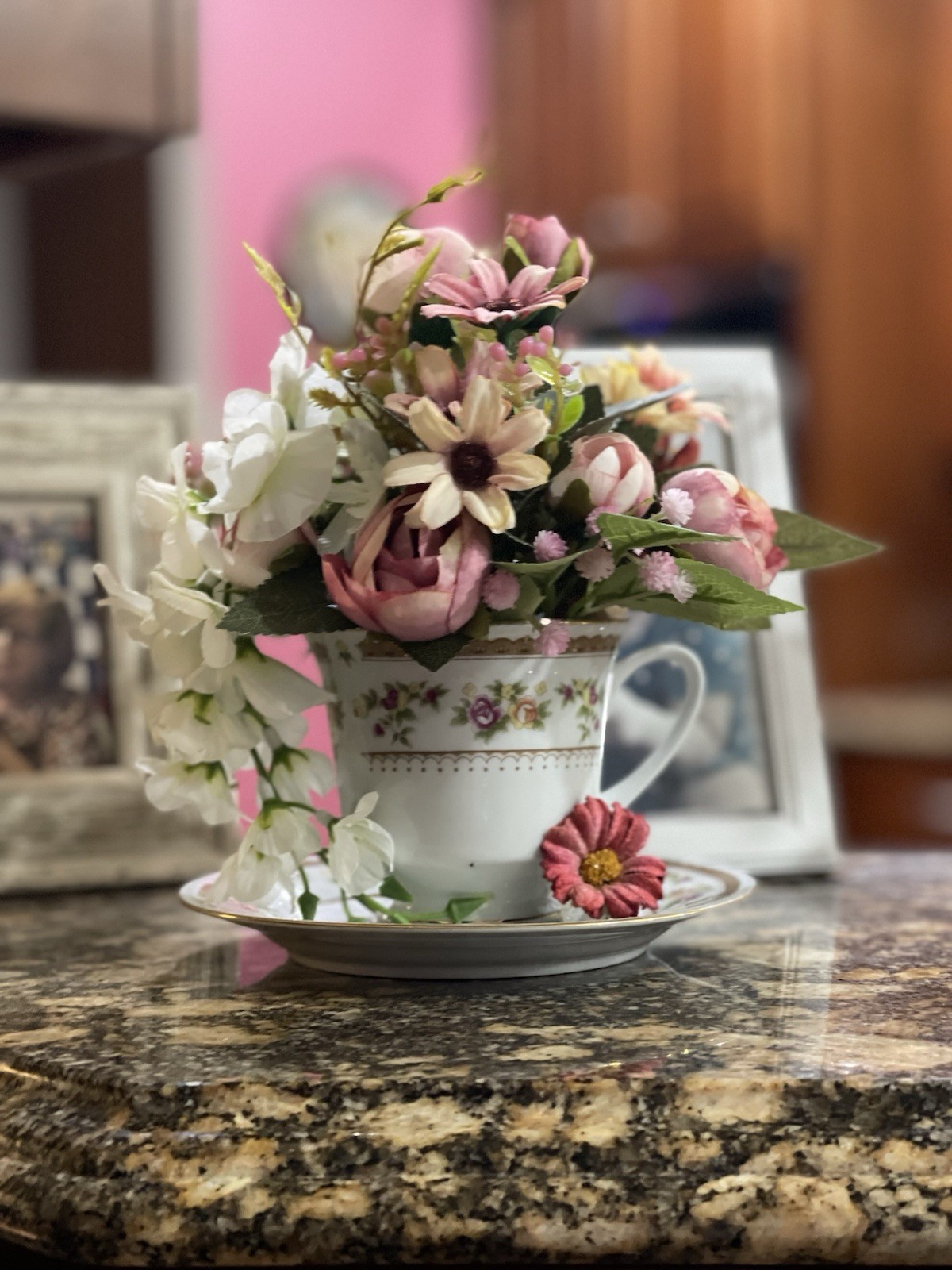 Hand Crafted Tea Cup Flower Arrangement.