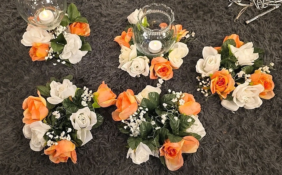 Artificial Flowers Wedding Centerpieces 5 Pc. White, Peach Roses w/Babys Breath
