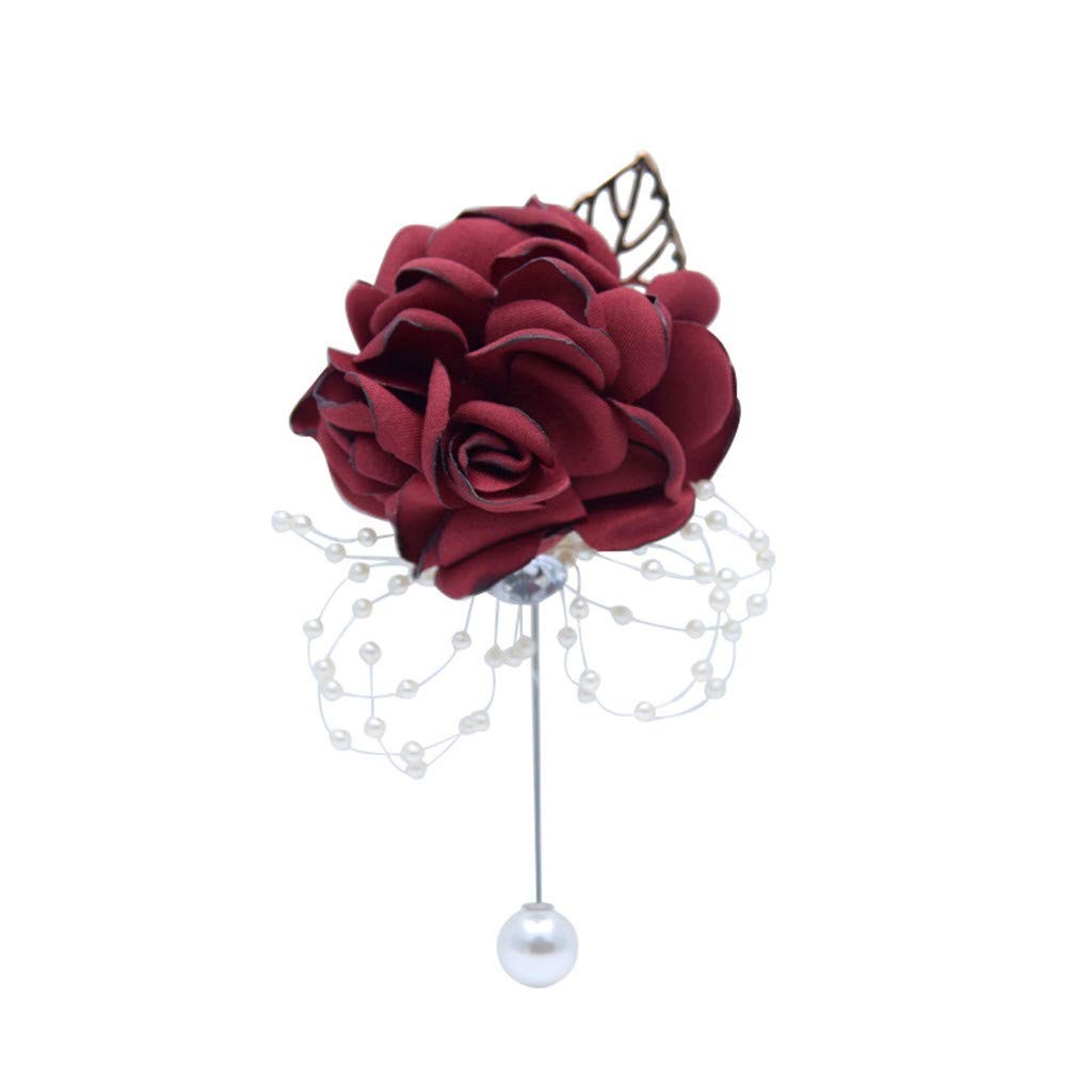 Rose Wedding Wrist Corsage Boutonniere Set Party Prom Hand Ribbon Wine Red