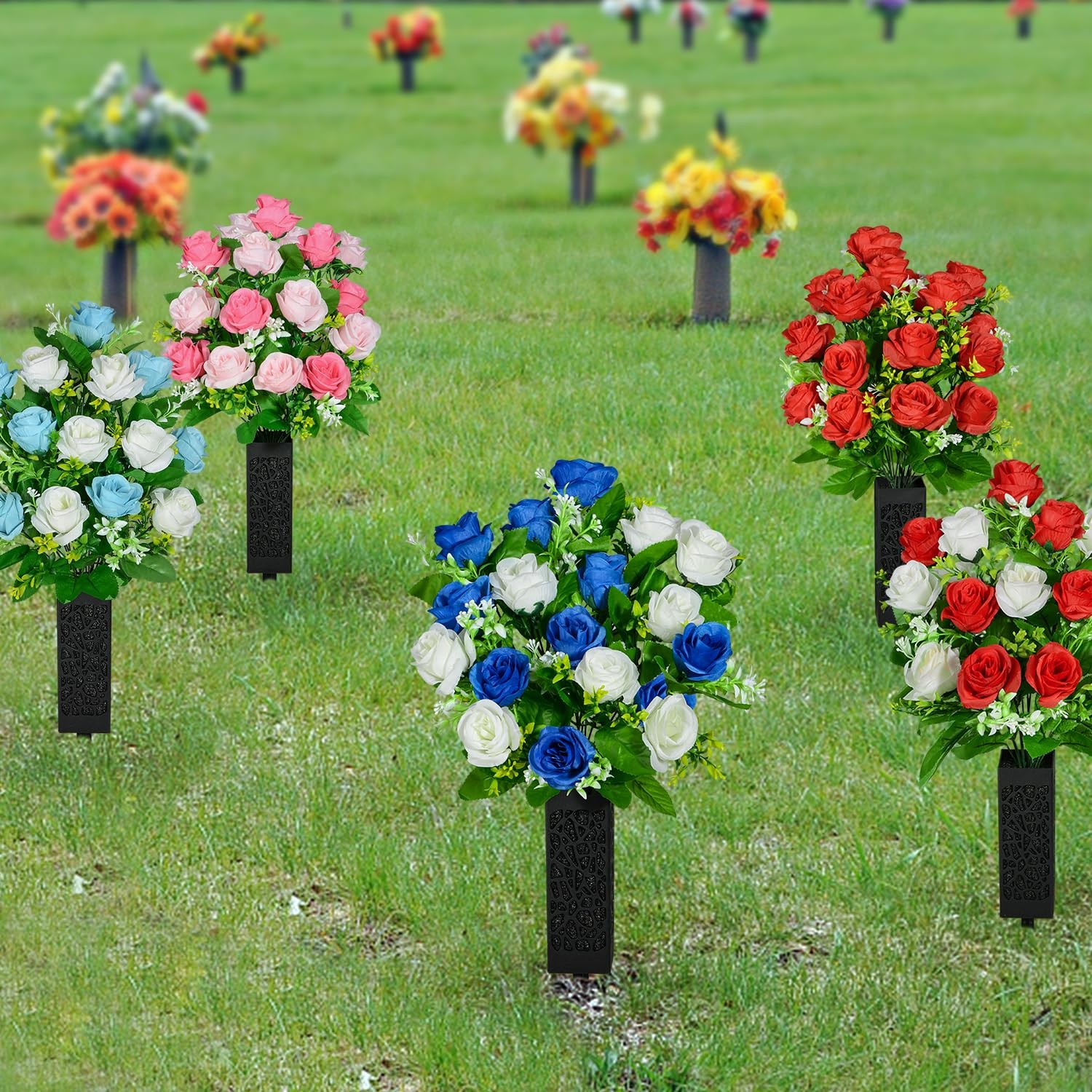 2 PCS Cemetery Grave Memorial Flowers Dark Blue White Rose Bouquet With Vase