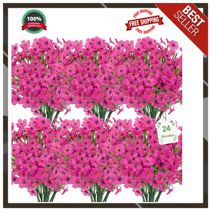 24 Bundles Artificial Flowers UV Resistant Silk Fake Plants for Indoor Outdoor