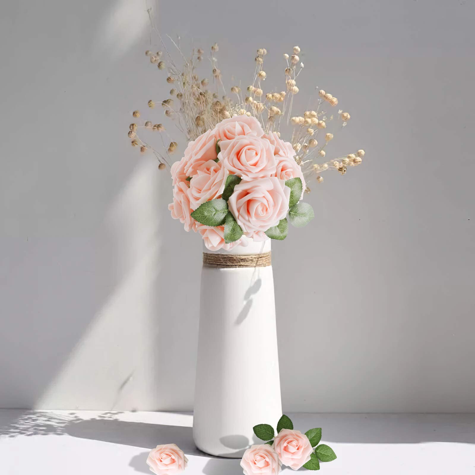 Artificial Flower Blush Pink Rose 25pcs Real Looking Fake Roses w/Stem for DI…