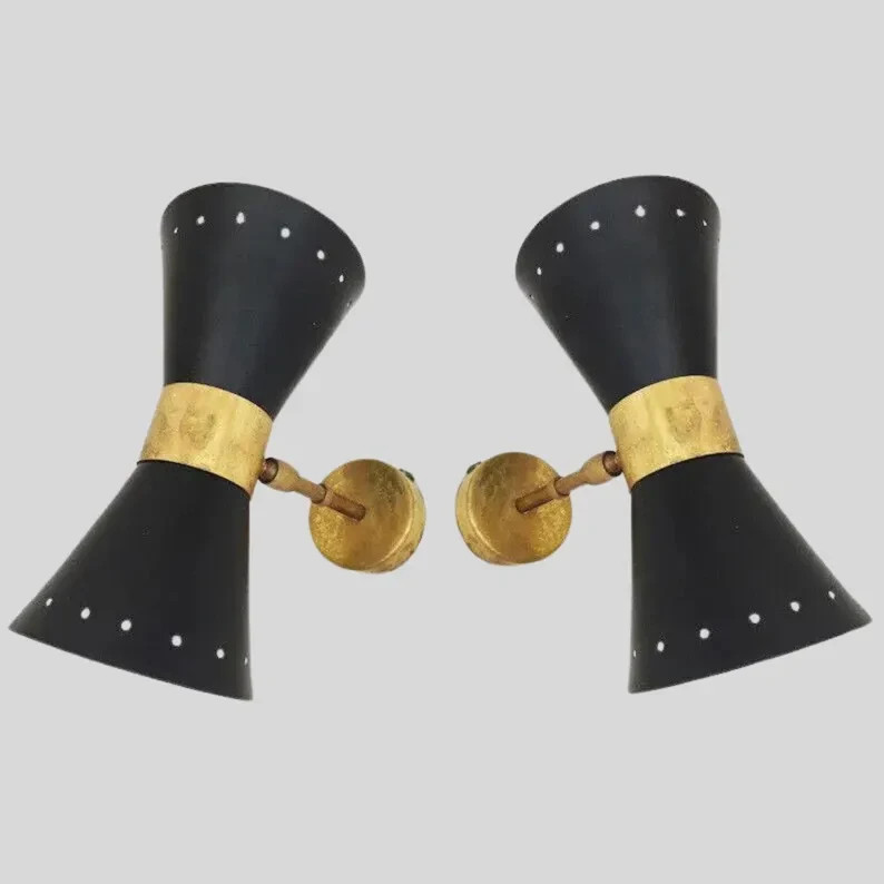 A Pair Of Italian Style Wall Light Lamps Diablo Cone Shade Matte Black in Raw Br