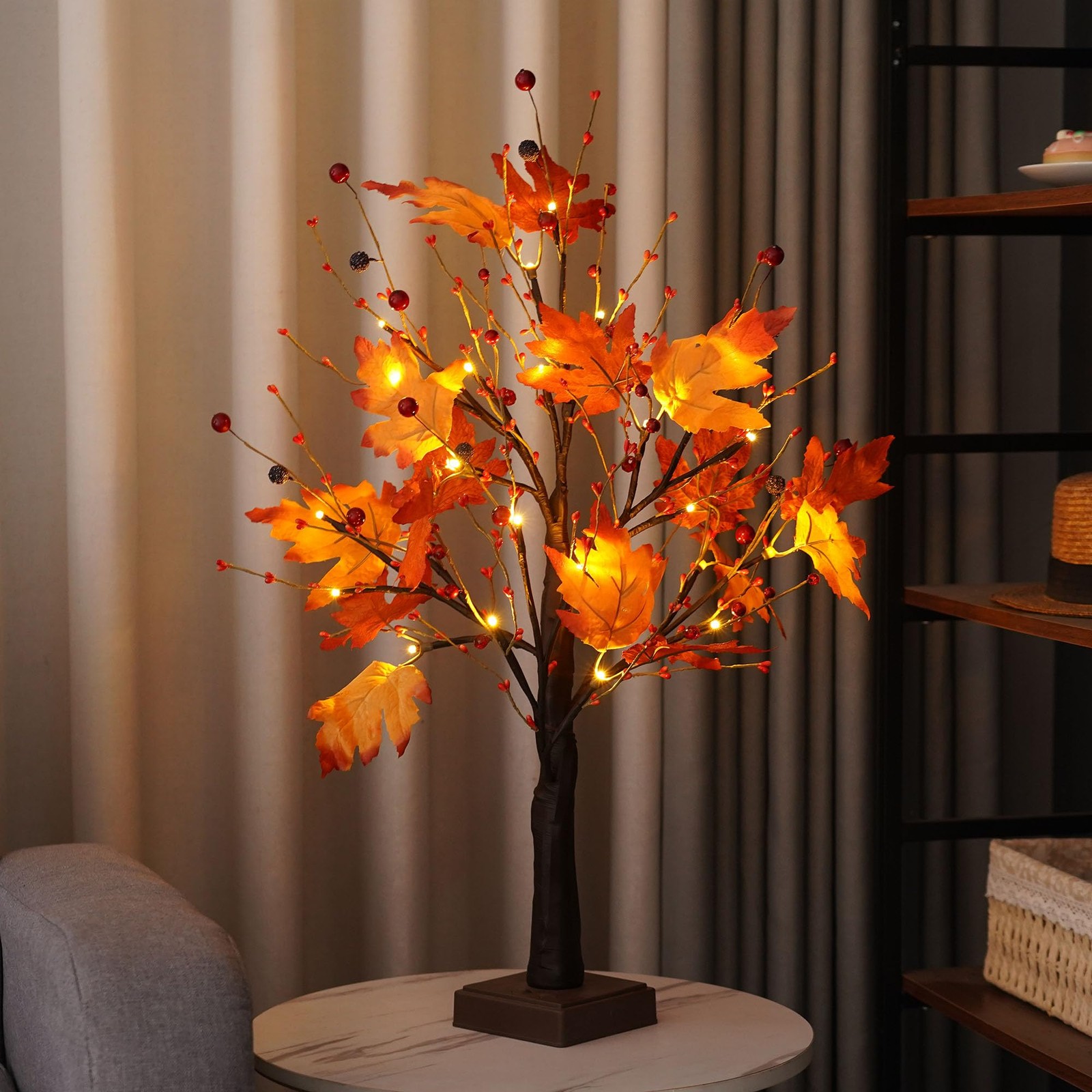 2 FT Artificial Tree with Lights for Fall Decor, 24 LED Autumn Maple Tree for…