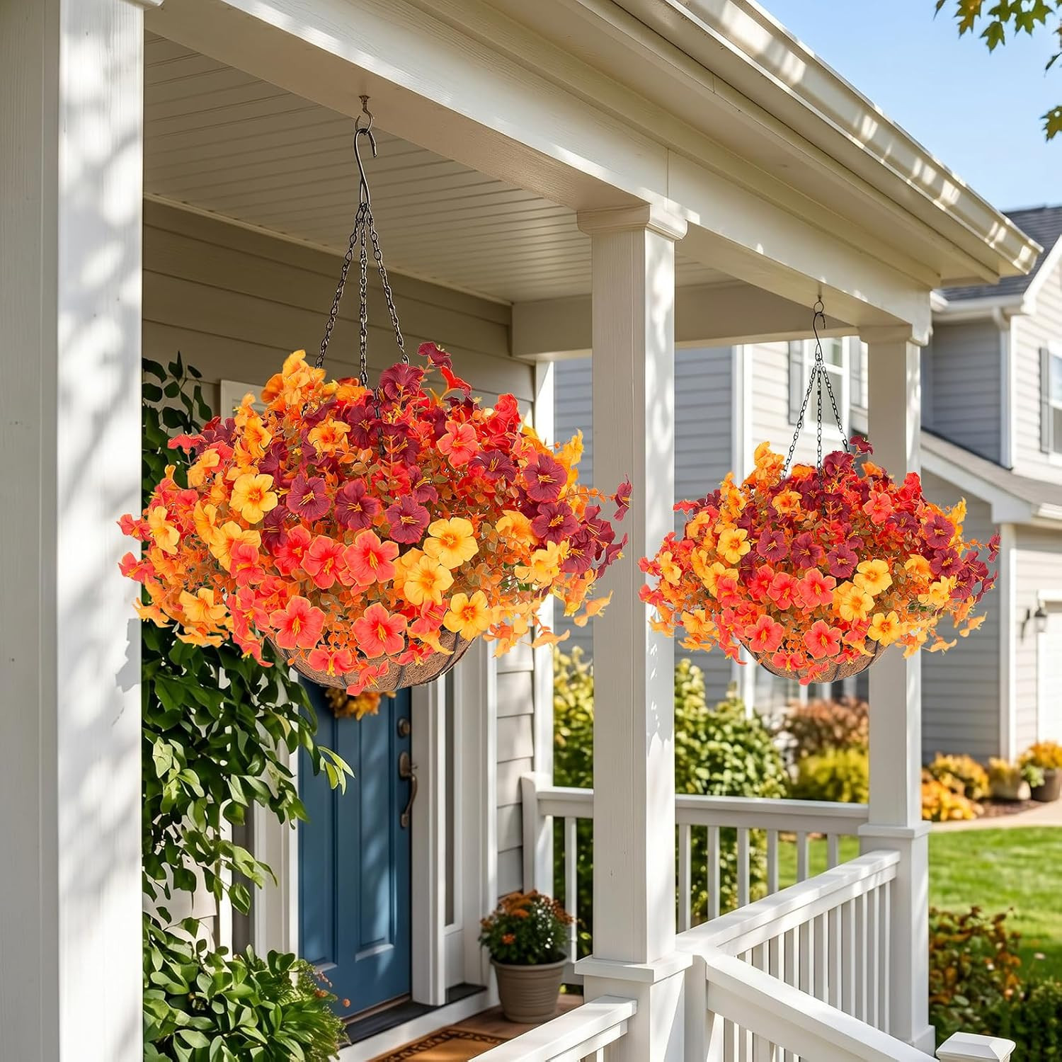 2 Set Artificial Outdoor Fall Flowers with Hanging Baskets, 24 Pcs Faux Petunias