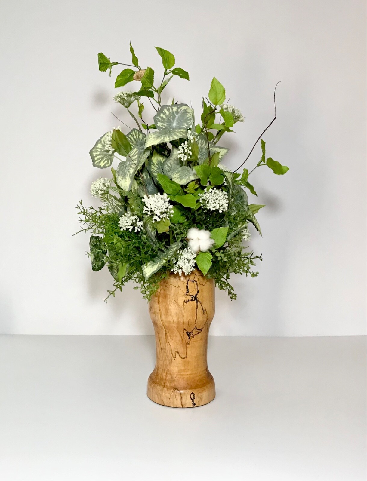 EVERYDAY YEAR ROUND FLORAL COTTON STEMS ARRANGEMENT WOOD COLUMN CENTERPIECE NEW