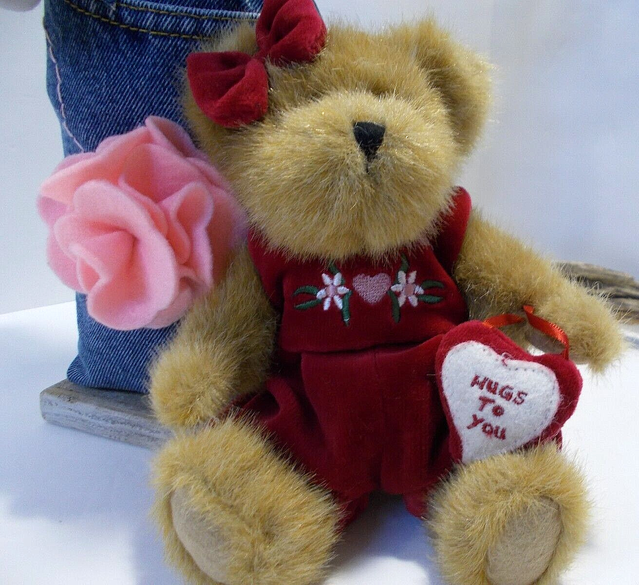 Denim Roses & Flowers in Recycled Denim Jeans Vase and Sm Valentines Hugs Bear
