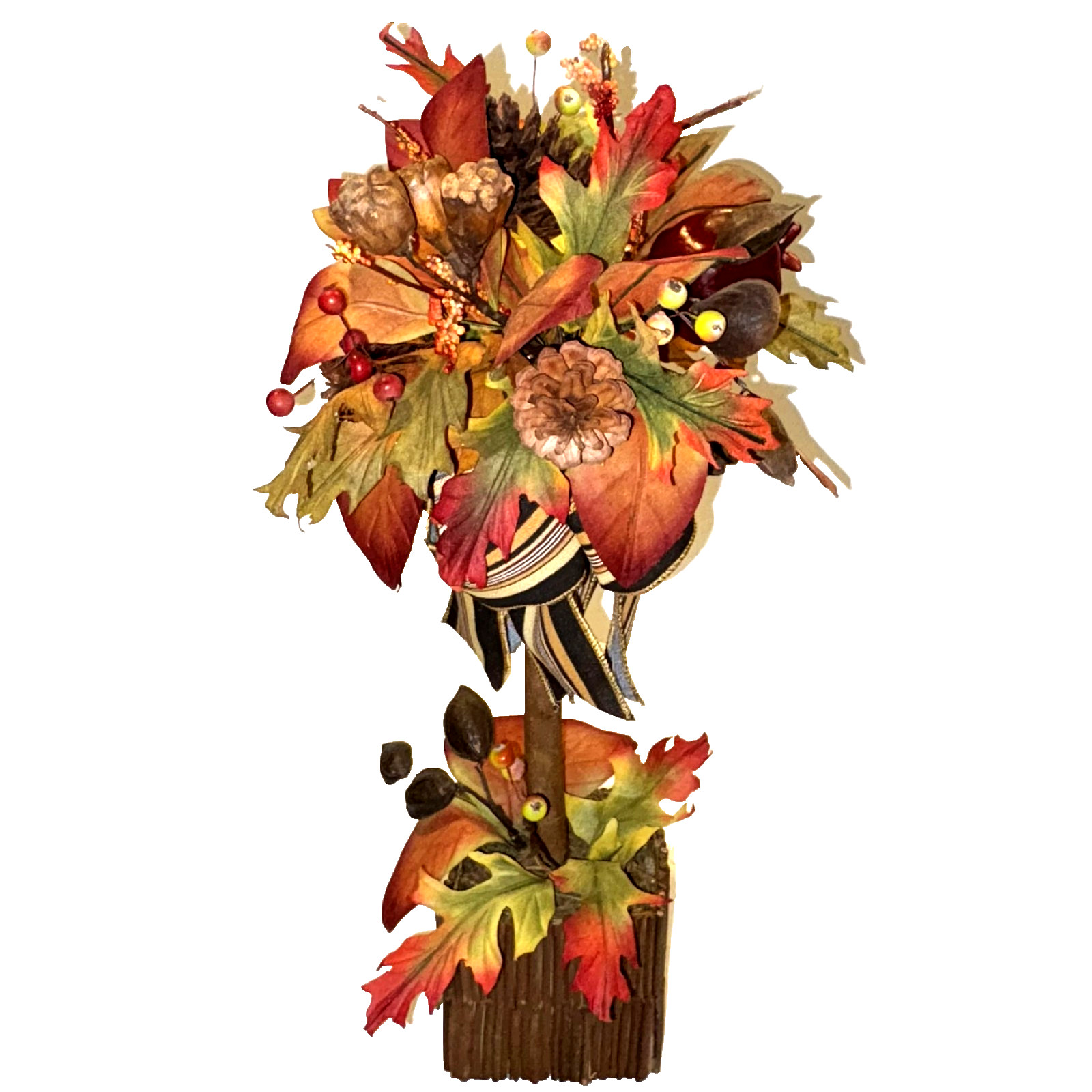 Fall Topiary Tree 20″ Orange Brown Faux Floral Decor Autumn Leaves Fruit Ribbons