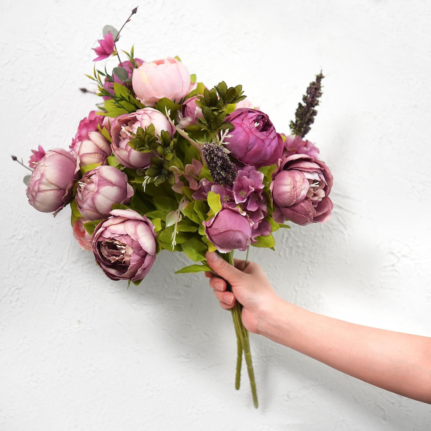 Soft Peach Pink and Magenta Red Vintage Artificial Peonies Silk Flowers and H
