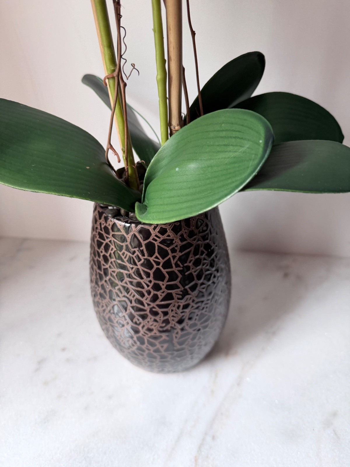 artificial white Phalaenopsis orchid arrangement in a brown textured vase 27”….