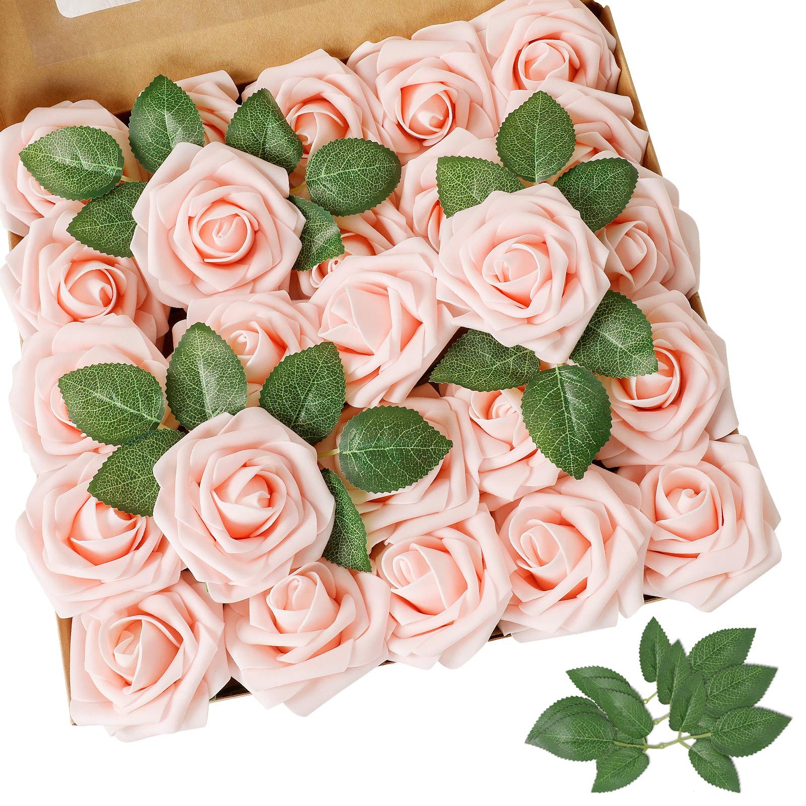 Artificial Flower Blush Pink Rose 25pcs Real Looking Fake Roses w/Stem for DI…