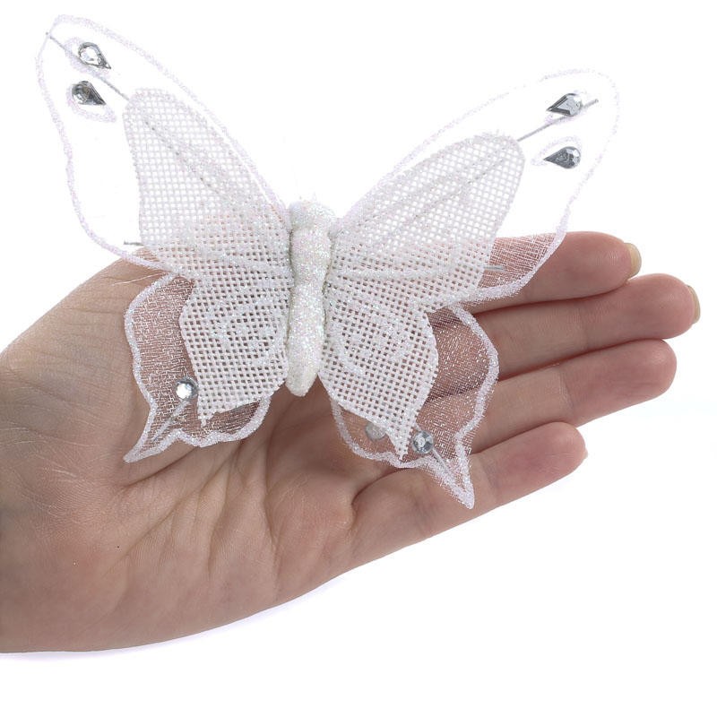 12 White Sparkling Glitter & Rhinestone Burlap Artificial 5-1/4″ Butterflies