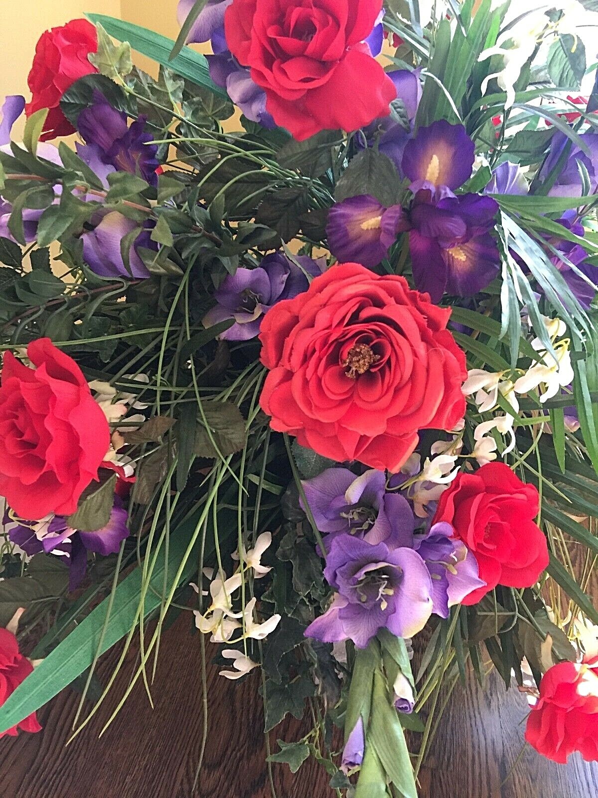 Large Silk Flower Centerpiece – Red Roses, Iris, Green Leaves – 37″x 33″