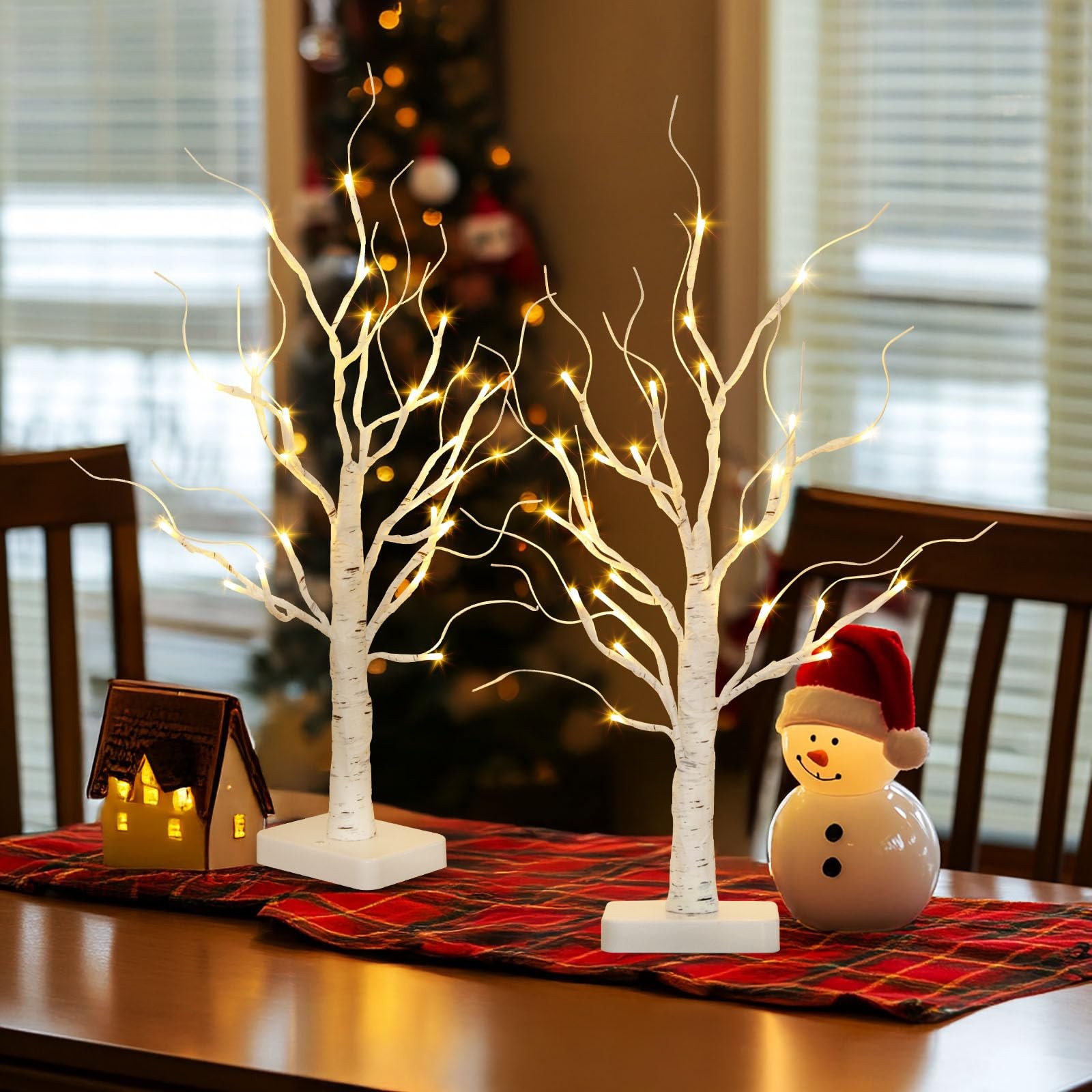 2 PCS Lighted Birch Tree 24 LED Tabletop Centerpiece Battery Timer Decor